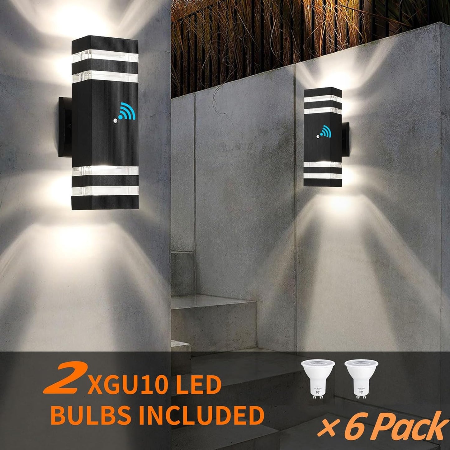 tewei 6 Pack Dusk to Dawn Outdoor Lighting, Modern Black Exterior Light Fixtures 2-Layer Up and Down Outside Wall Lights IP65 Waterproof Outdoor Sconces Lighting for Porch Garage, 3000K