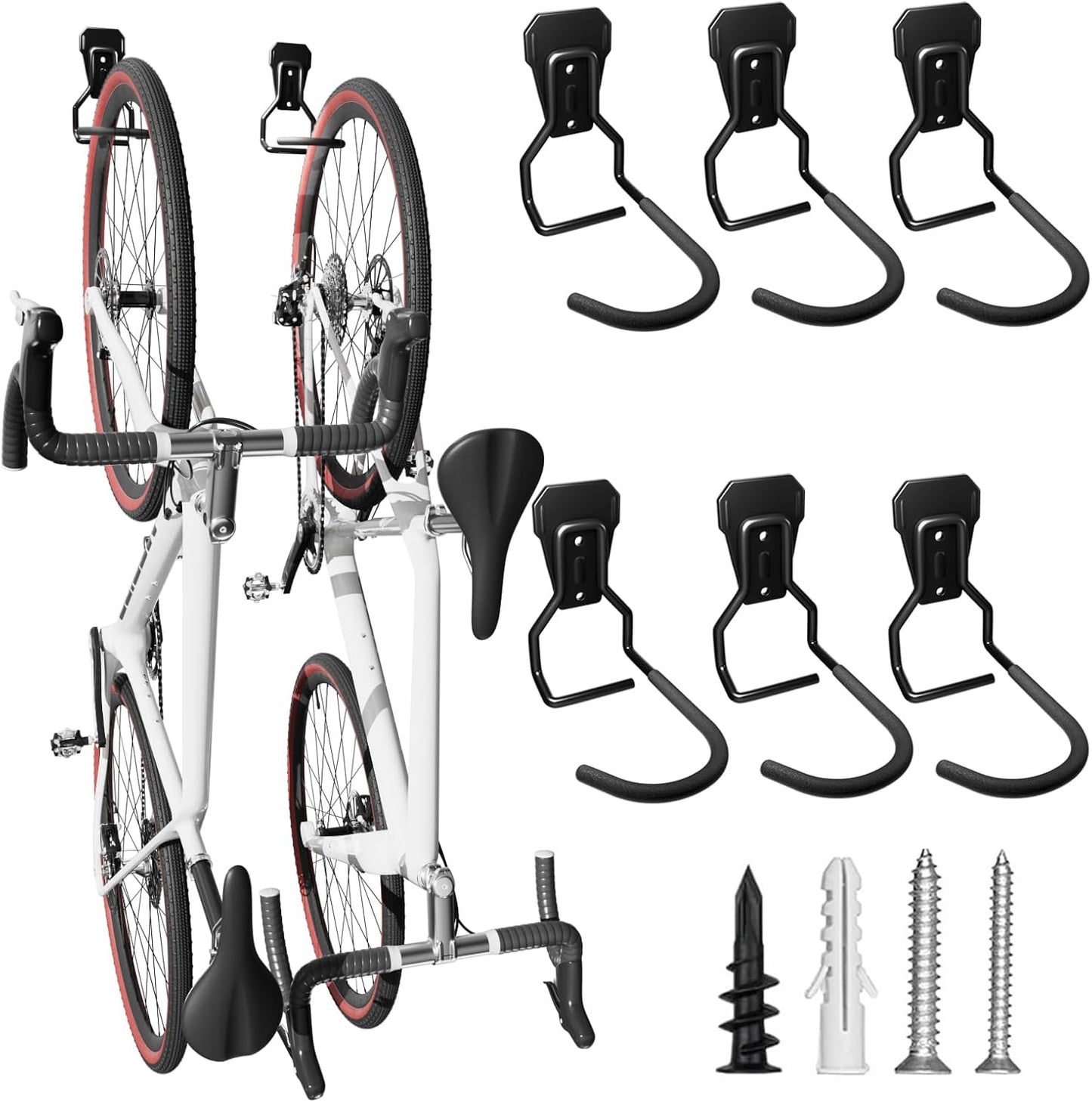 Wall Mount Bike Hooks Bike Hooks for Garage Vertical Bike Hanger for Indoor Use Heavy Duty with 8mm Thick Steel Frame 6PCS Storage System Black