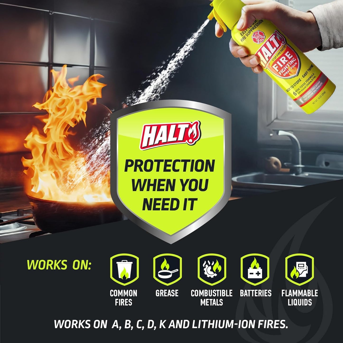 HALT! Fire Fighting Foam Spray – Non-Toxic, PFAS Free, Easy to Use, Store, and Find in Emergency – Compact & Portable – Ideal for Home, Kitchen, Apartment, Car, BBQ, Tailgate – Made in USA (4-Pack)