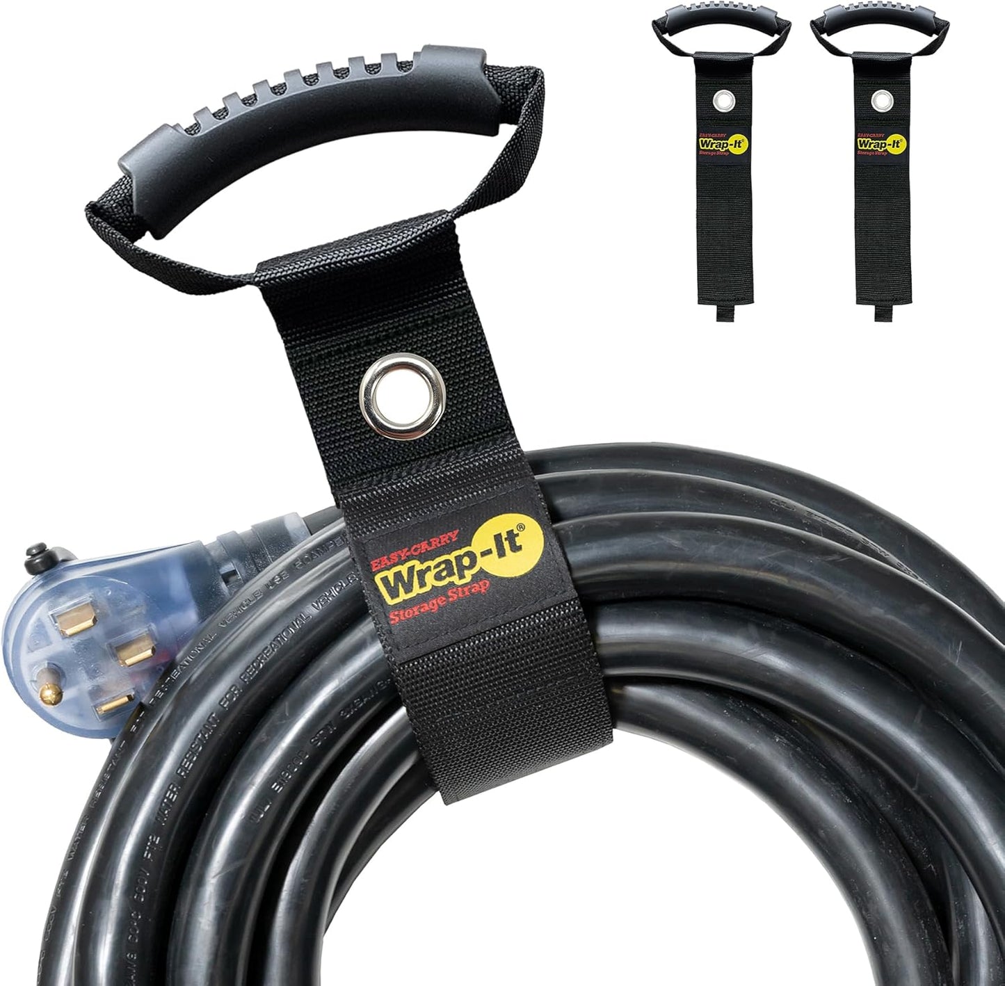 Wrap-It Storage Easy-Carry Straps - 22" (2-Pack) Black with Grommet - Extension Cord Holder Organizer for Garden Hose Storage Cord Straps