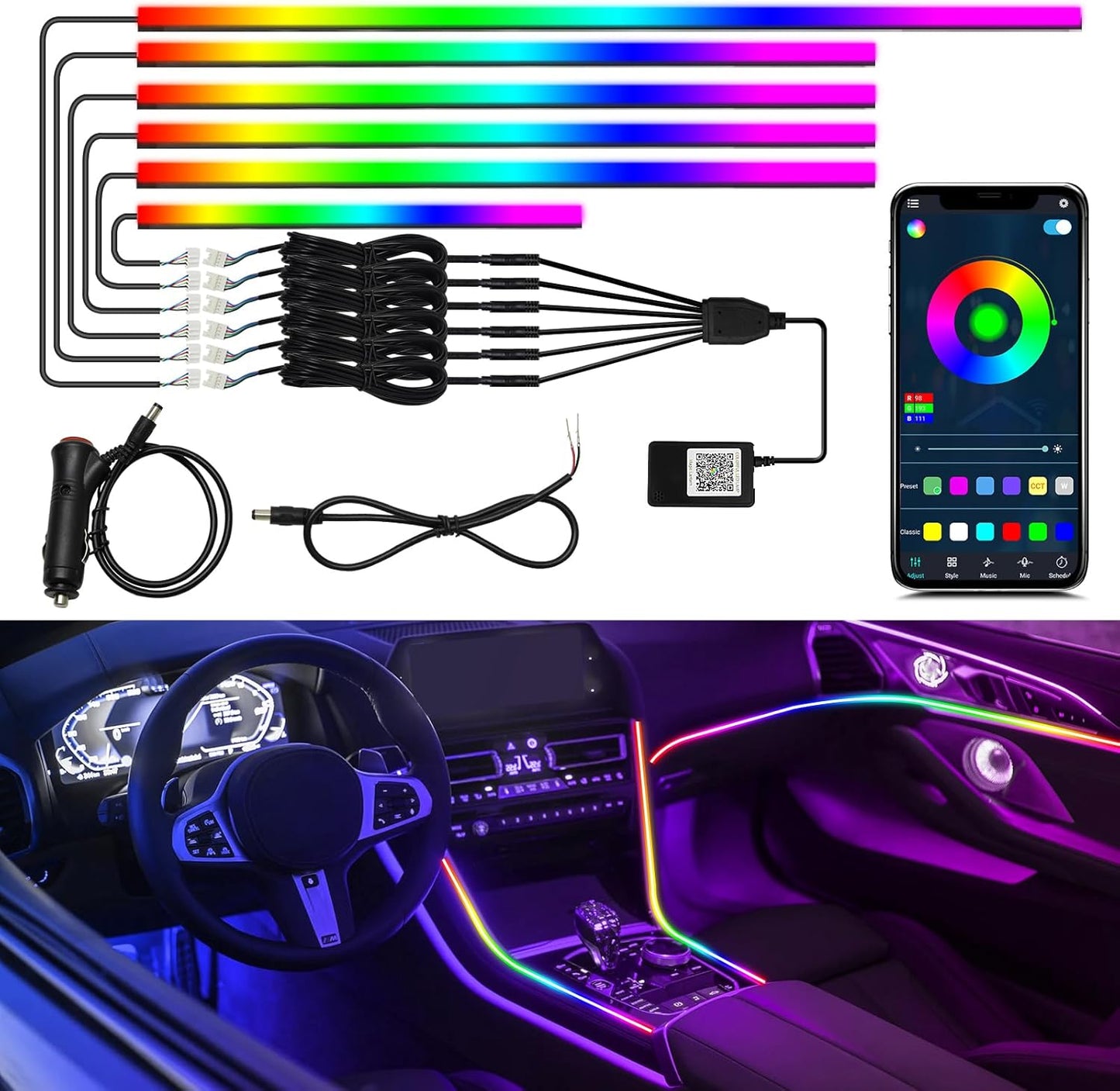 WEBUPAR Dreamcolor 6 in 1 Car LED Strip Lights with APP Control and 213 Color Modes, Neon Ambient Lighting Kits