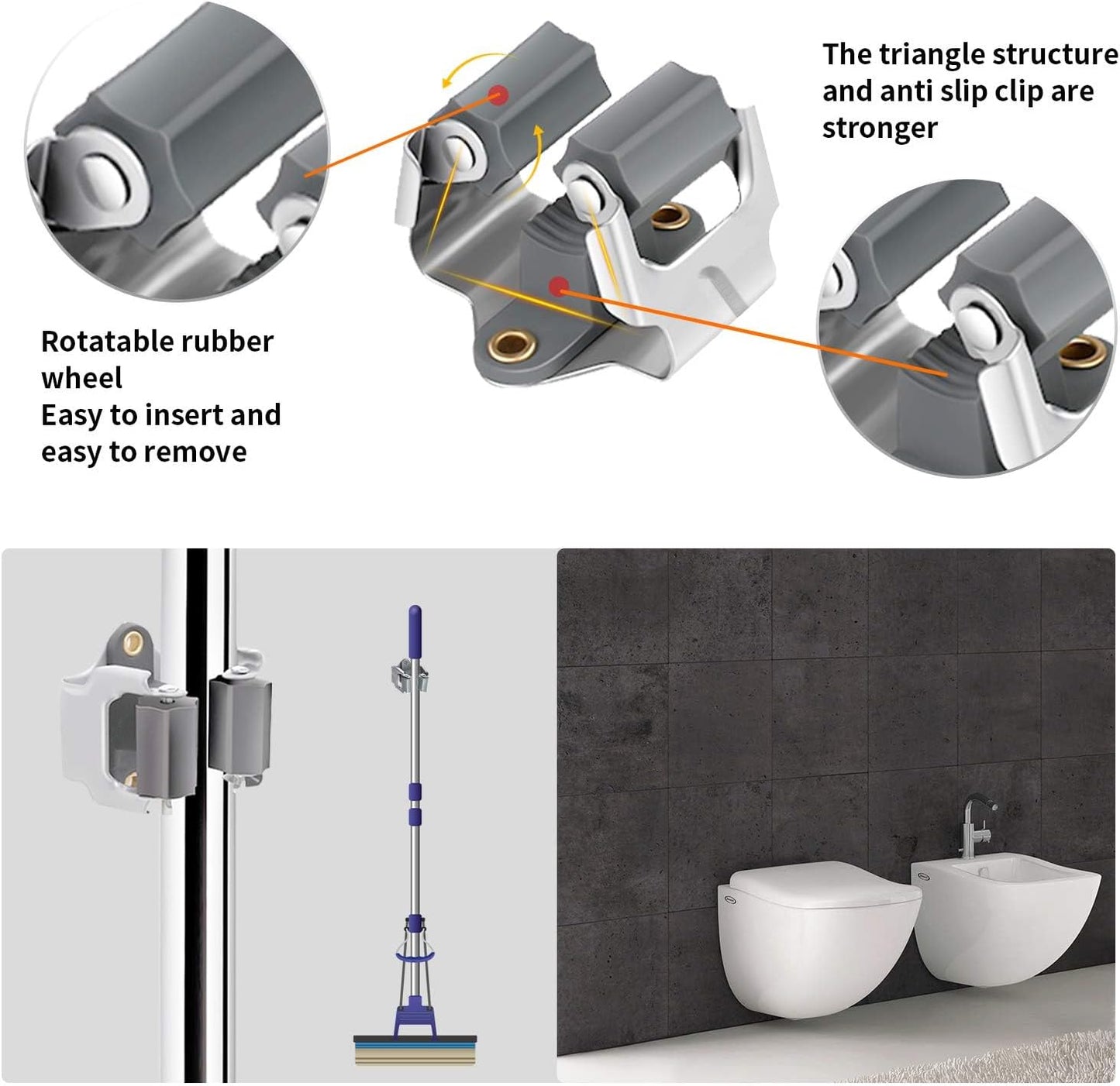 3-H 10 Pack Mop and Broom Holder Big Size Hanging 1 KG Extra, Broom Holder Wall Mount for Hanging and Organizing Shove Rake Yard Tools in Kitchen Shed Laundry Room Bathroom Garden(grey)