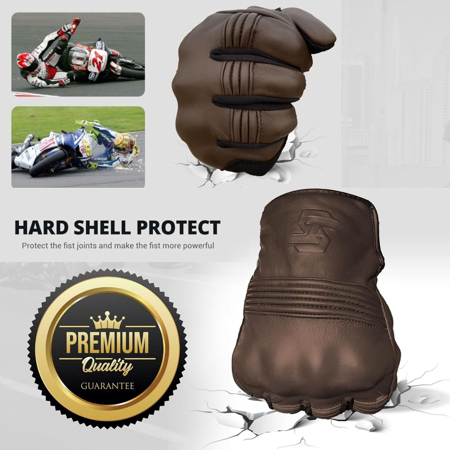 Leather Motorcycle Gloves for Men and Women | Touchscreen | Full Finger | Goatskin Leather Hard Knuckle Motorcycle Riding Gloves (Classic Brown, XX-Large)