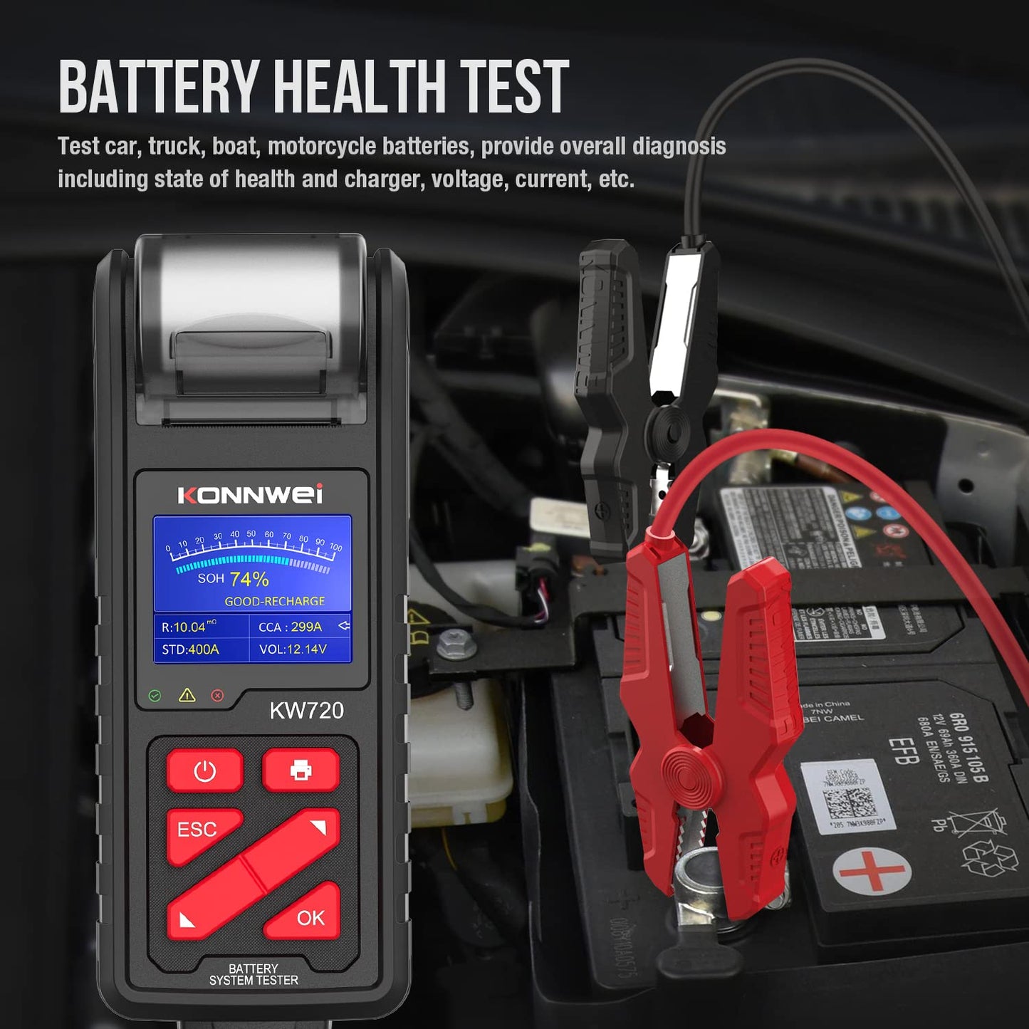 KONNWEI KW720 Car Battery Tester 6V 12V 24V W/Printer, Battery Load Tester Automotive 100-2000CCA Digital Auto Battery Analyzer Alternator Starter Tester for Car Truck Motorcycle(Paper Included)