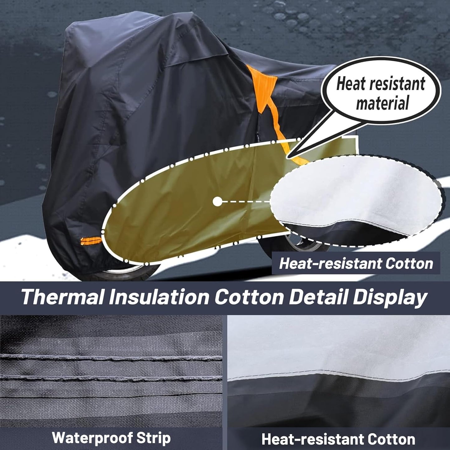 Motorcycle Cover,Waterproof Zipper Outdoor Cover for All Seasons Windproof, High Heat Resistance Dustproof and Rainproof Snowproof(Orange Zipper XXXL Fits Up to 116 inch)