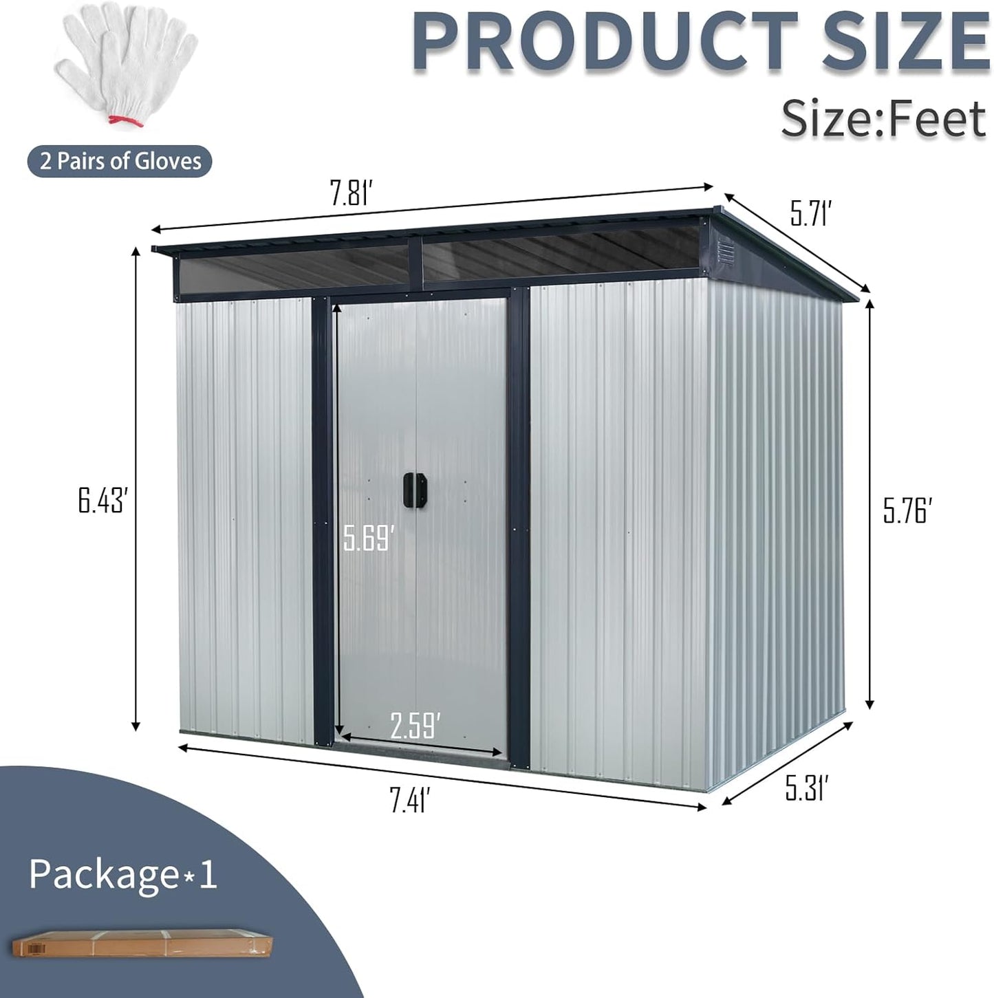 8x6 FT Outdoor Storage Shed,Metal Shed with Floor & Transparent Plate,Garden Shed W/Air Vent & Lockable Sliding Door,All Weather Waterproof Tool House W/Sloped Roof,Black+White