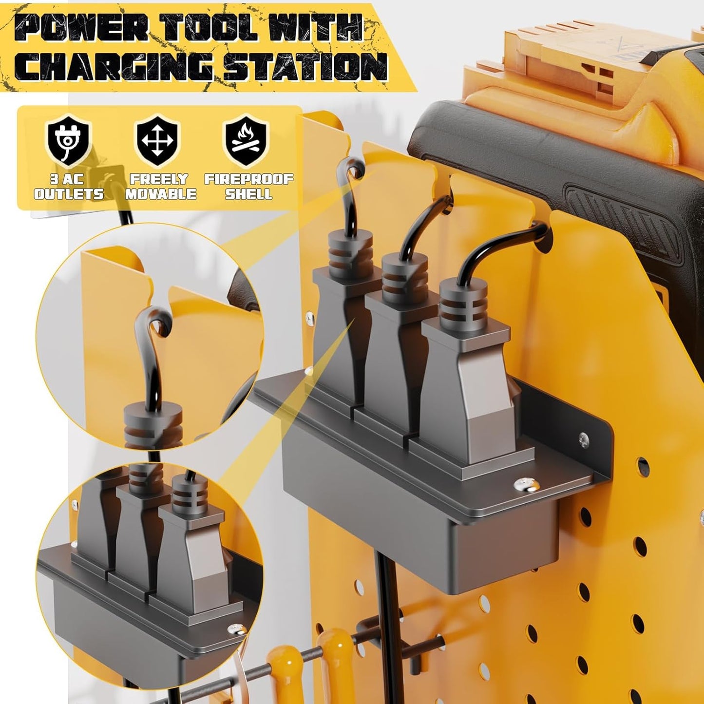 45" Large Power Tool Organizer Wall Mount with Charging Station - 3 Layer Storage Racks with 8 Cordless Drill Holder, 4 Hooks, Heavy Duty Garage Tool Organizer Storage for Workshop Pegboard Basement