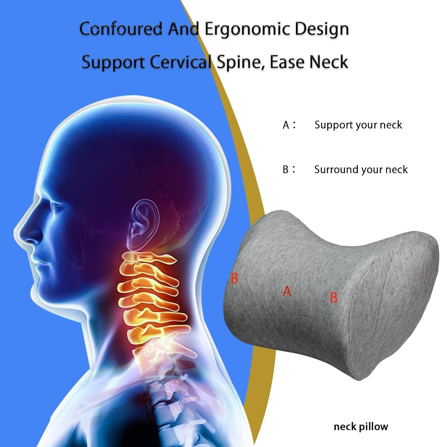 Car Neck Pillow for Driving Gaming Chair Neck Pillow with Adjustable Strap and Removable Cover, Memory Foam Headrest Pillow for Chairs, Ergonomic Design, 2 Pack