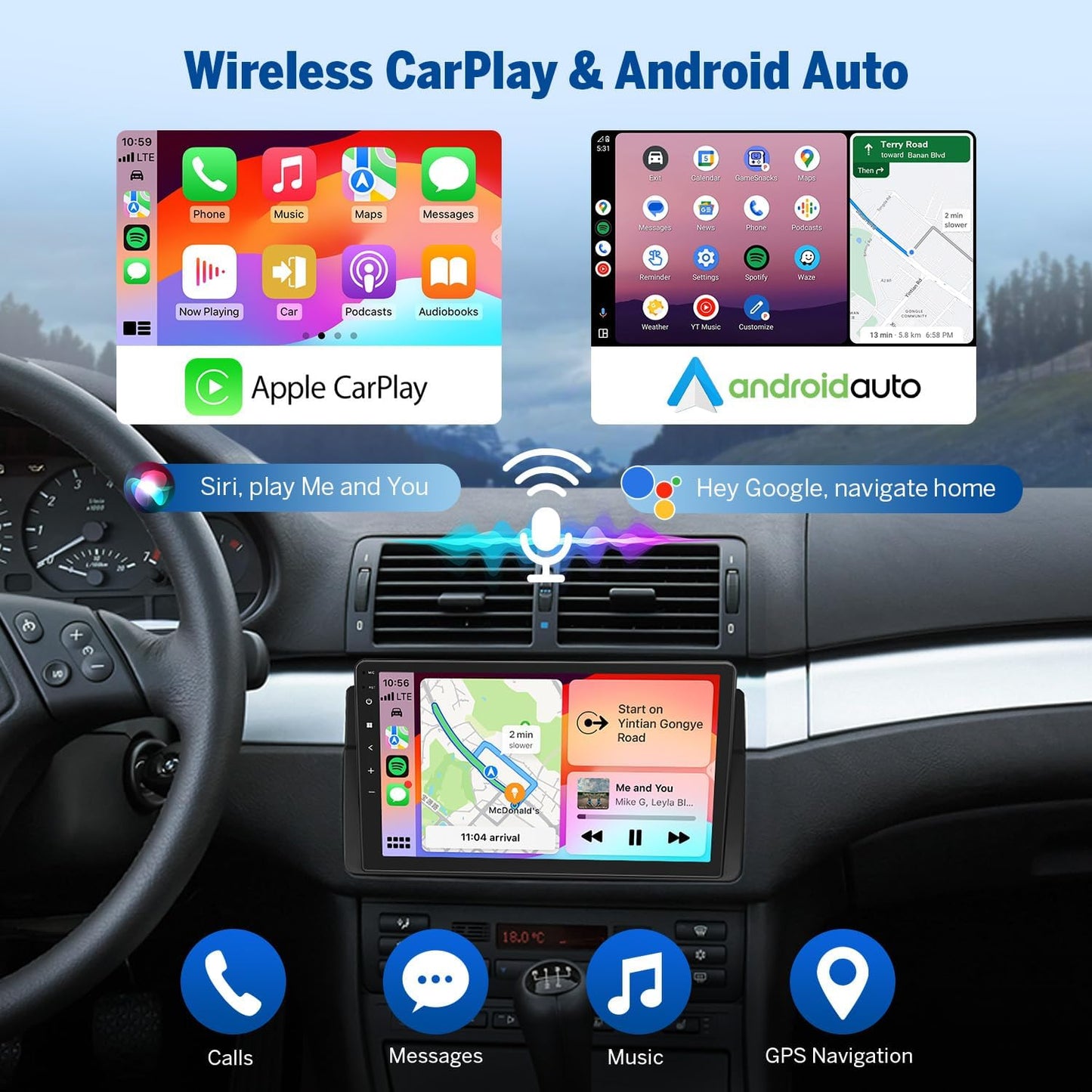 Eonon Car Stereo for BMW 3 Series 325i 330i M3 (E46) 1998-2006, Android 14 Wireless CarPlay Stereo, 9 Inch Touchscreen Android Auto Radio, Bluetooth/SWC/GPS, 3+32G - E46X7