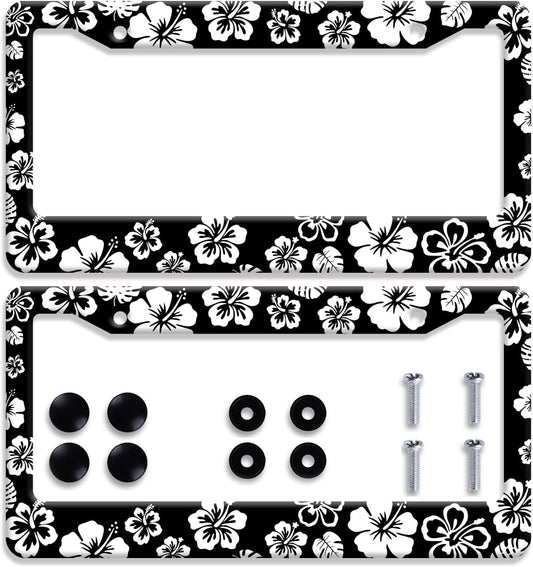 【2Pcs】 White Hibiscus Hawaii License Plate Frames Round Hole Personalise License Plate Frame Car Universal Accessories Stainless Steels Cars Decor Fits Standard US Vehicles Size: 12.2 x 6 Inches