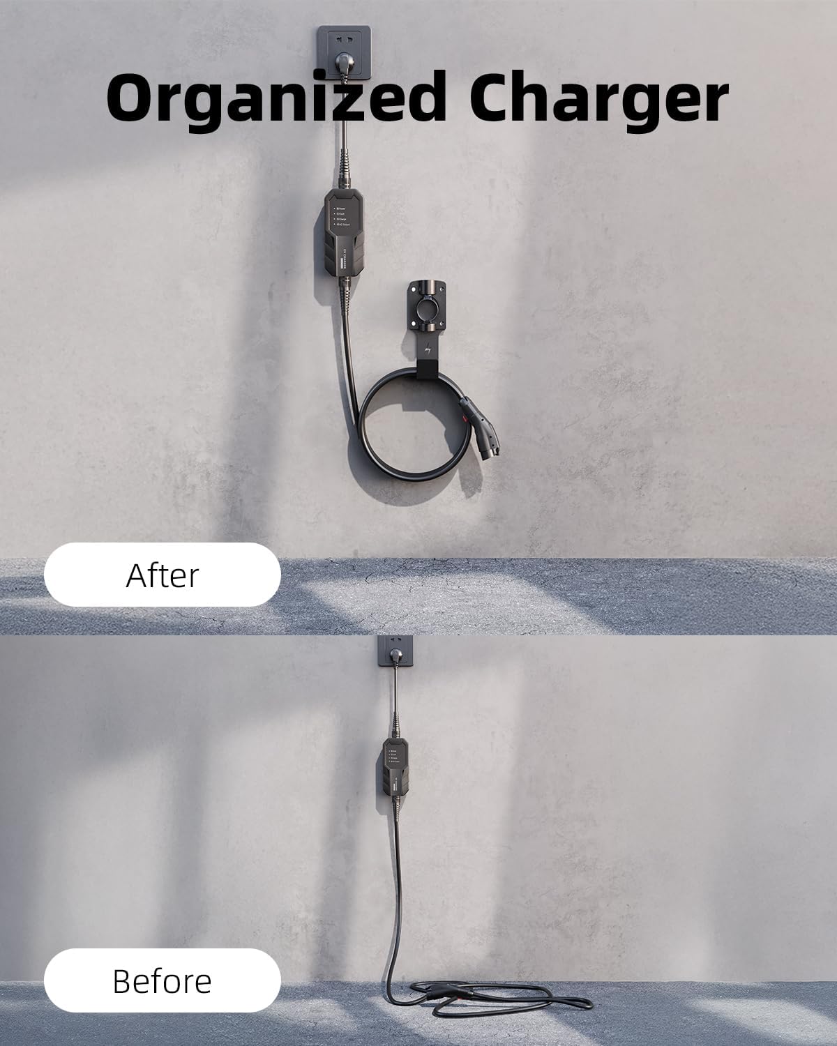 EV Charger Holder, with 180° Rotation Nozzle Dock, Metal J-Hook for SAE J1772 Charger Holder Organizer Wall-Mount Connector Electric Vehicle Charging Cable Car Accessories