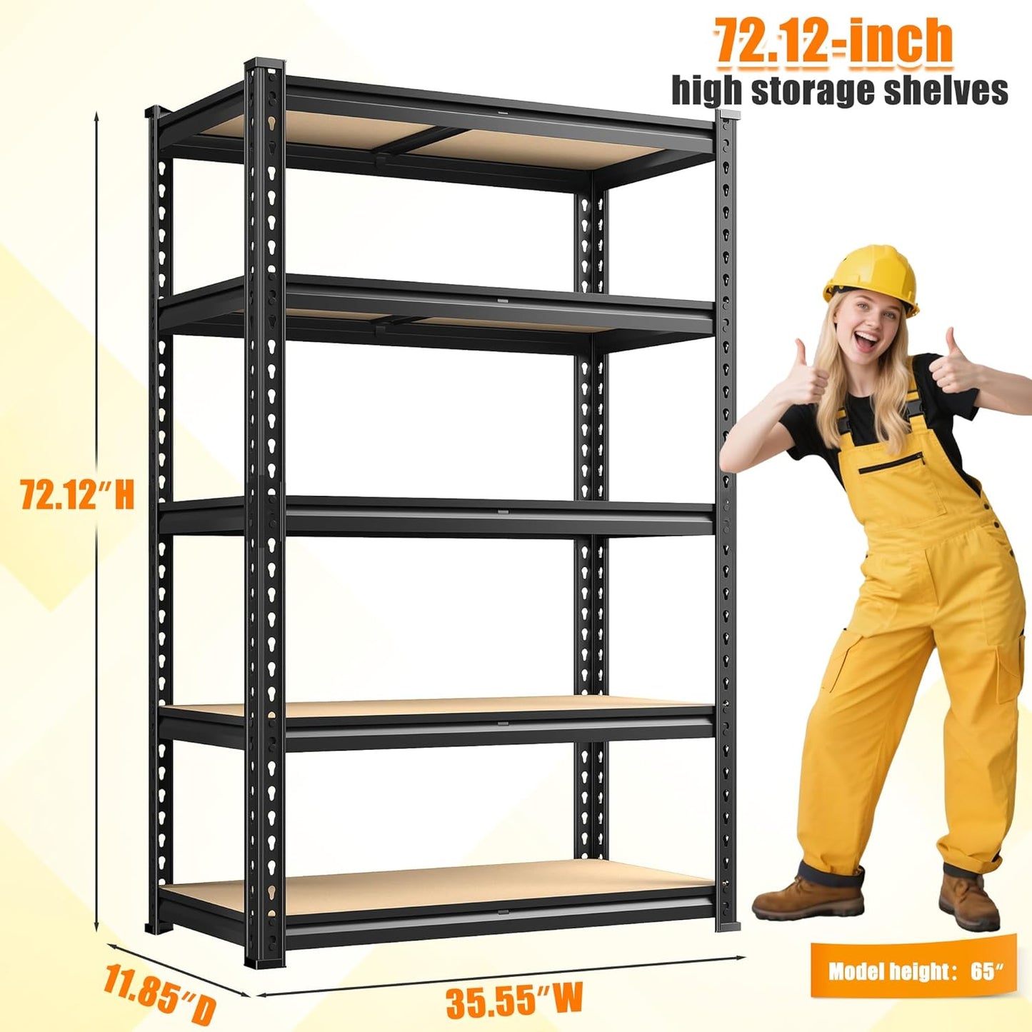 72.12" H Garage Shelving, Storage Shelves Load 2100LBS, 5-Tier Adjustable Shelving Unit with Thickened Wooden Boards for Multiple Scenarios, 72.12" H x 35.55" W x 11.85" D, Black, 4 Pack