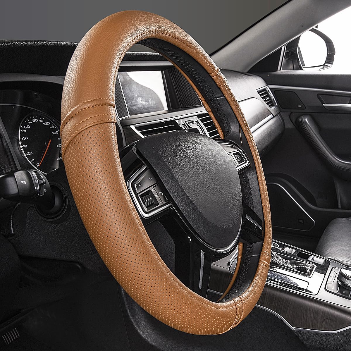 Car Pass Classical Leather Automotive Universal Steering Wheel Covers,Universal Fit for Suvs,Trucks,Sedans,Cars,Vans,14.5-15inch Anti-Slip Safety Comfortable Desgin(Brown)