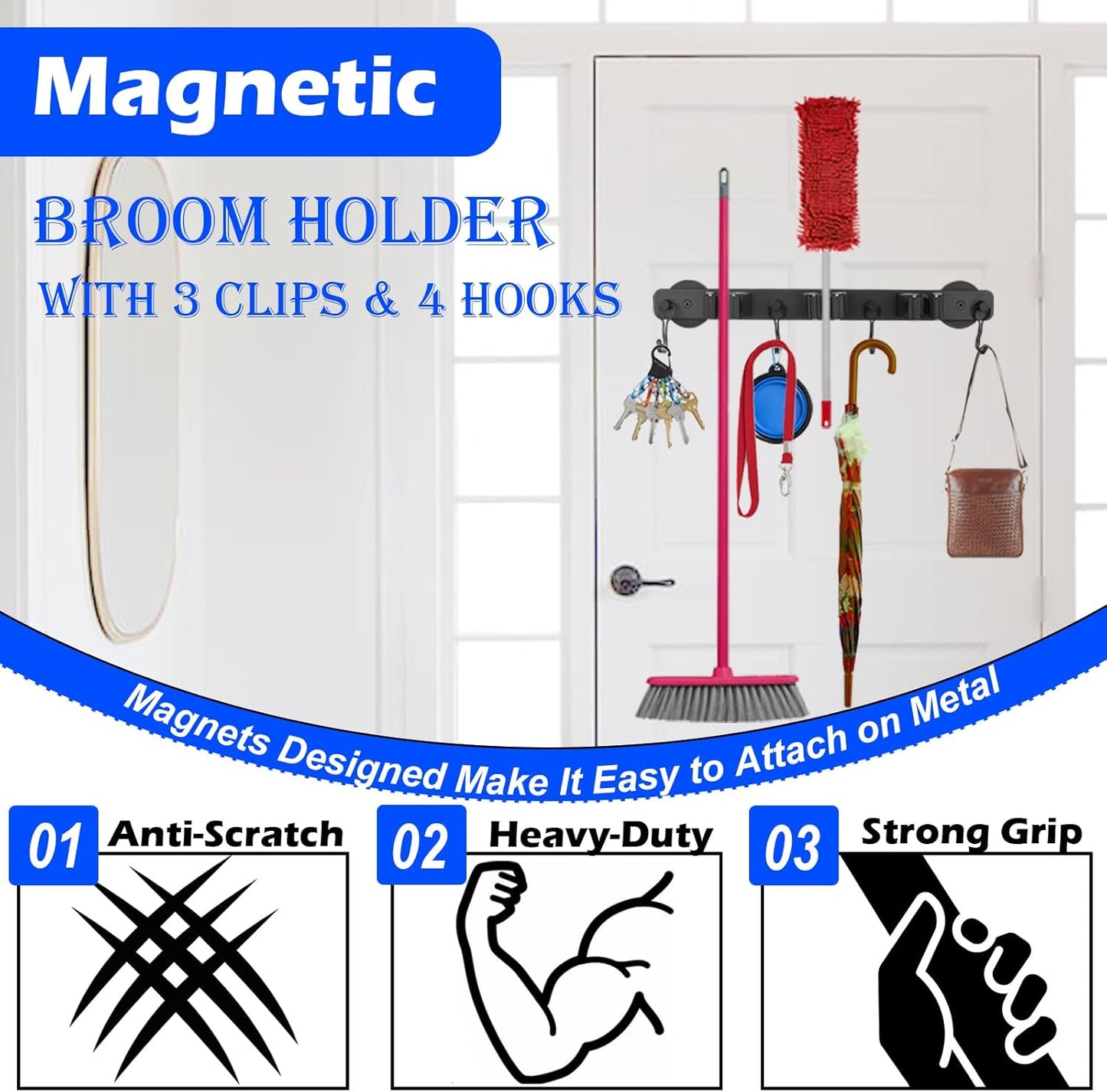 Strong Magnetic Mop Broom Holder, 1 Set Heavy Duty Magnetic Mop Hanger with 4 Hooks, Magnet Tool Hanger Wall Mount Storage Rack Organize System for Refrigerators Workshop Laundry Garage Kitchen