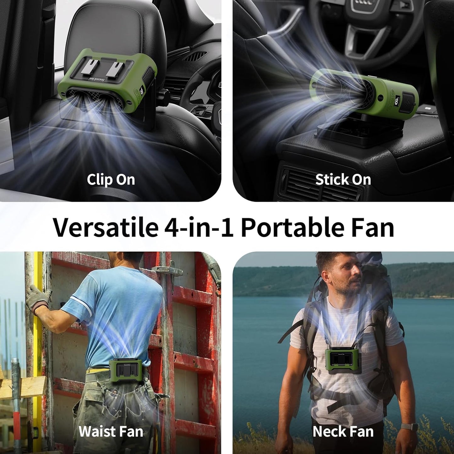 Socool Portable Car Fan - 14500mAh Rechargeable Battery Opearated, Clip on Car Seat Headrest 360 Rotatable, 5-Speed Backseat Fans for Baby Rear Facing Cooling with Dual Air Outlets for SUV RV Truck