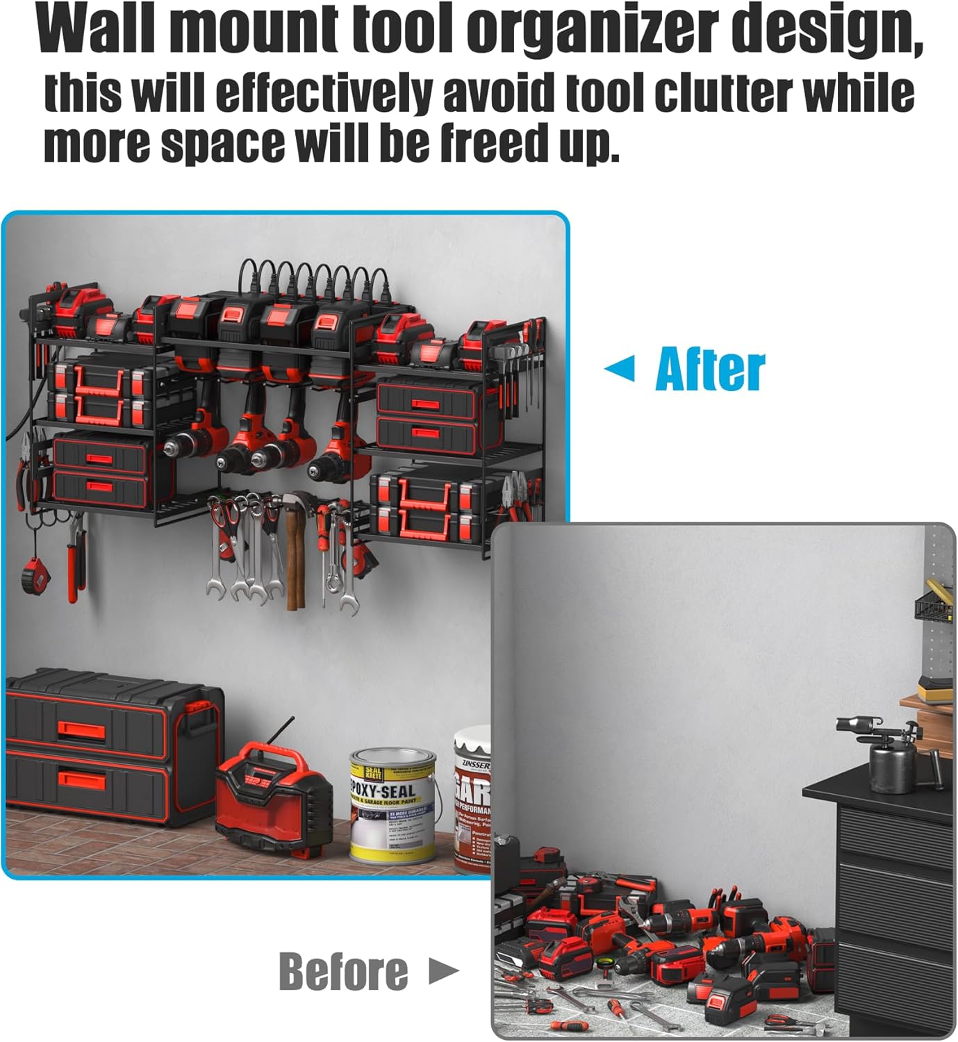 CCCEI Black Power Tool Organizer Wall Mount, Large Tools and Battery Storage Rack Charging Station Individual Switches. Drills Holder, Garage Utility Shelves with 6FT Power Strip. Gift for Men.