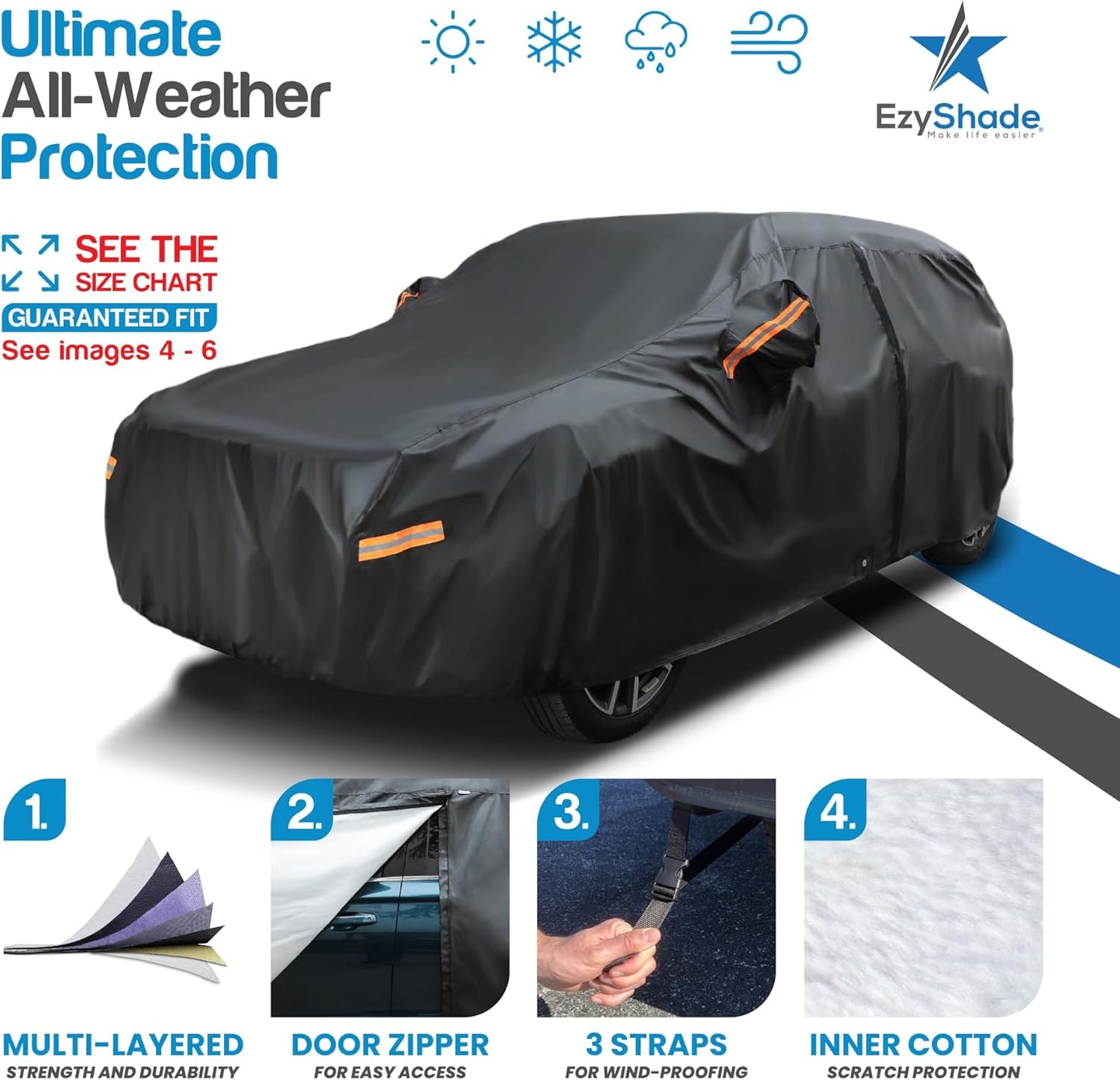 EzyShade 10-Layer SUV Car Cover Waterproof All Weather. See Vehicle Size-Chart for Accurate Fit. Outdoor Full Exterior Covers for Automobiles Car Tarp. Jeep Rav4 CRV. Black, Size S2 (See SizeChart)