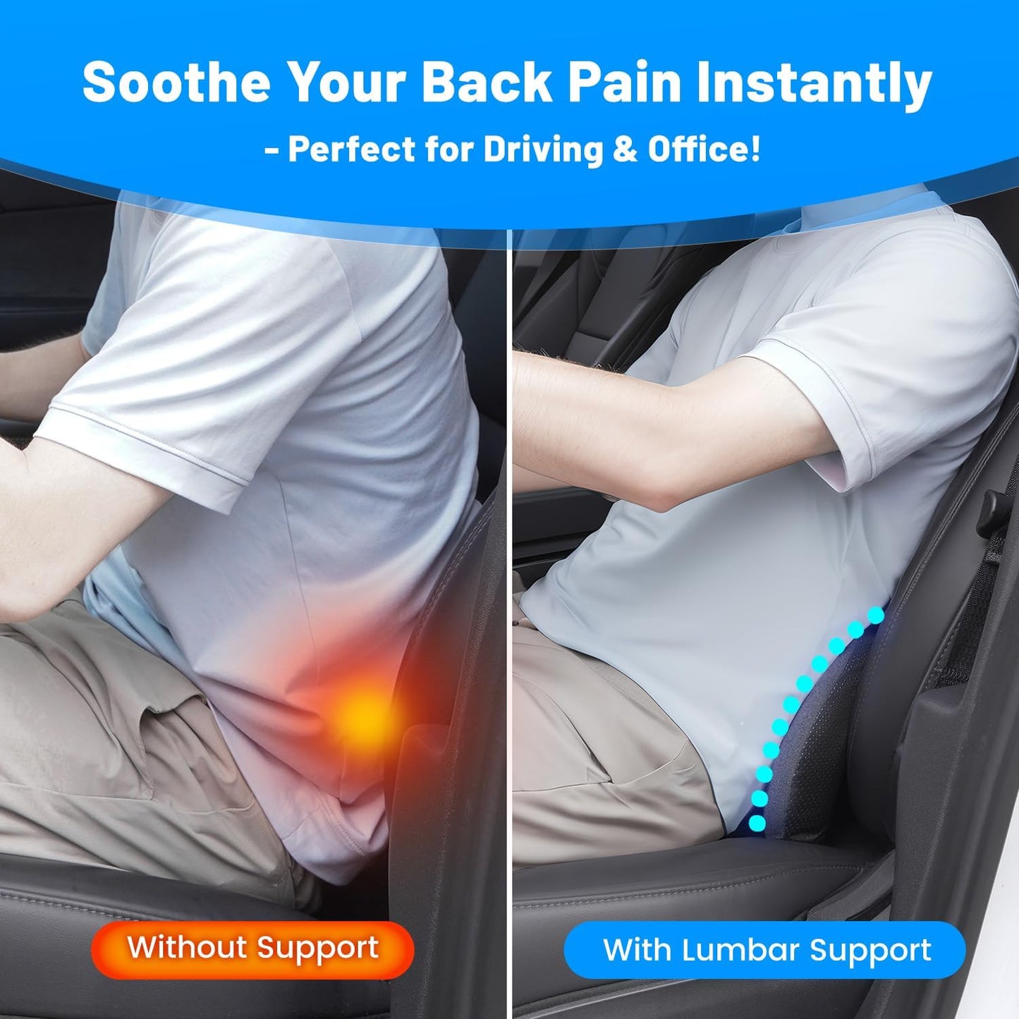 Memory Foam Lumbar Support Pillow for Car Seat & Office Chair - Orthopedic Lower Back Support for Lower Back Pain Relief, Posture Corrector with Breathable Airflow Channels