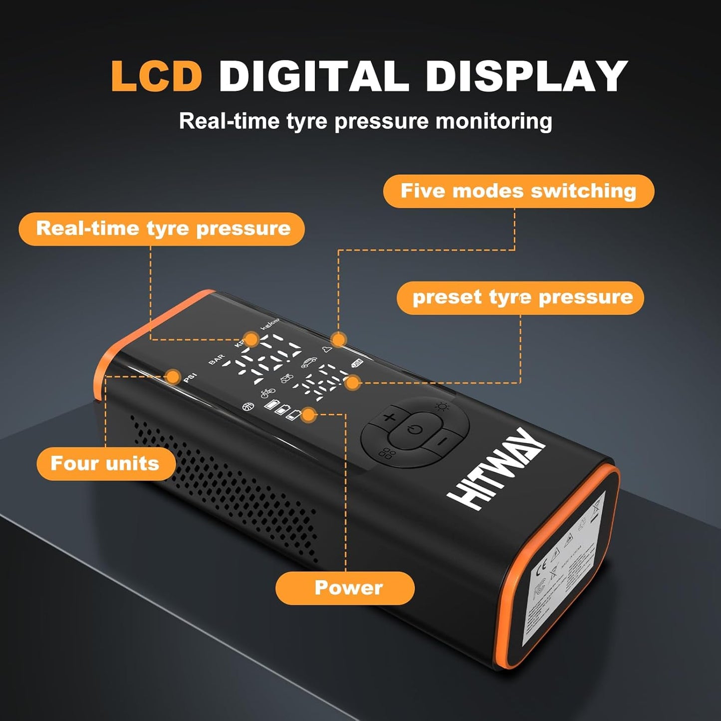 HITWAY Portable Electric Inflator Pump Supports up to 150PSI, fast inflation, suitable for car, motorcycle, bicycle tires and sports equipment, LCD display screen, USB charging, built-in LED light