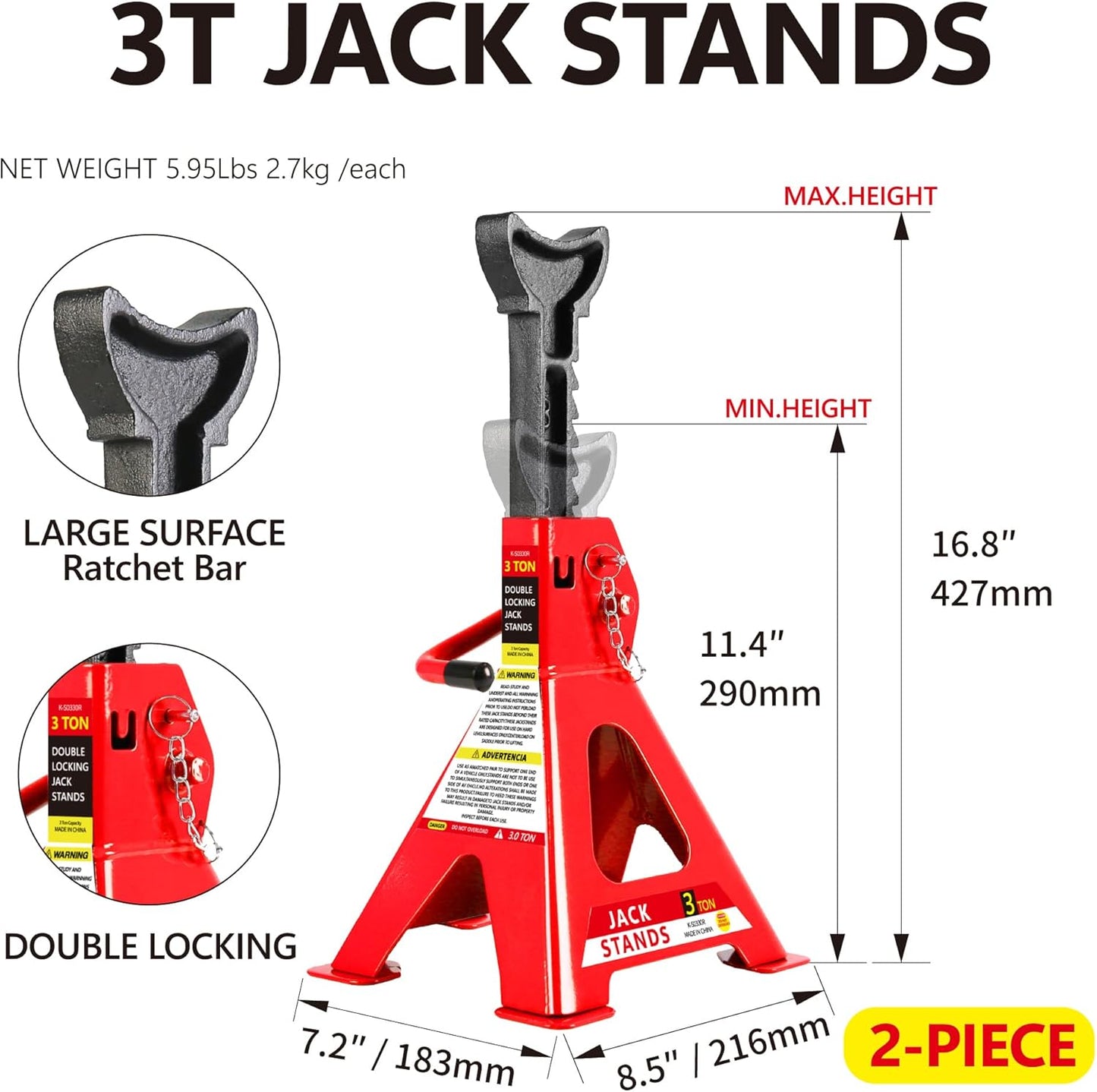 5 Piece Car Truck Floor Jack Service, Hydraulic Trolley Floor Jack & Jack Stands & Tire Repair Kit & L-Wrench for Garage, Repair Shop, DIY, Lift Range 3.3"-15.2", 2 Ton/4000 LBS Capacity, Red