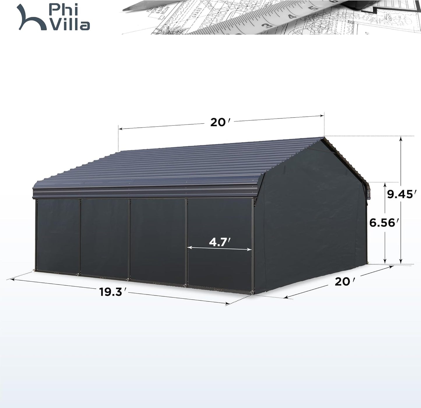 PHI VILLA 20 x 20 ft Carport 2 car Metal Carport Tent with Galvanized Steel Roof with Sidewalls Enclosure Kit, Sturdy Heavy Duty Metal Storage Shed for Cars, Boats, and Tractors