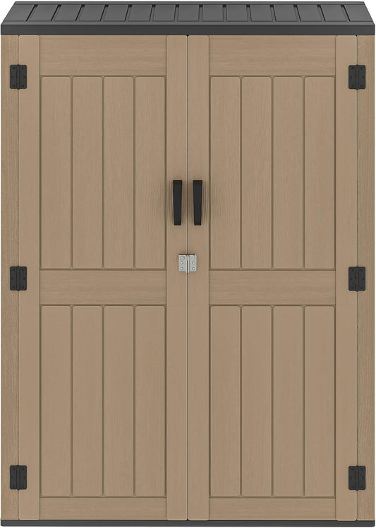 DWVO 59 Cu. Ft. Vertical Storage Shed, Weatherproof Outdoor Tall Cabinet with Double-Wall Panels and Floor, Lockable Resin Shed for Garden, Garage, Patio,Brown (Shelves Not Included)