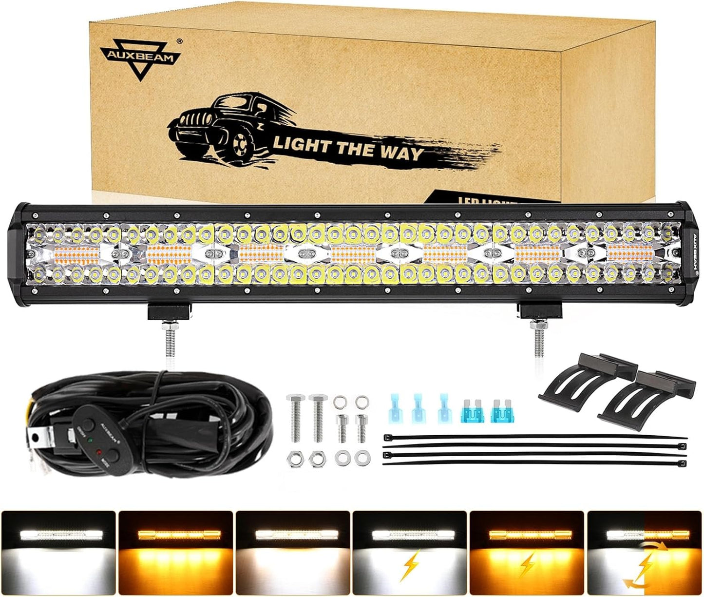 Auxbeam 20 Inch 420W LED Light Bar, 6 Modes Strobe Amber Pod Lights Yellow Fog Light Dual Color Spot Flood Offroad Driving Lights, Memory Function LED Work Lights for Truck Car ATV