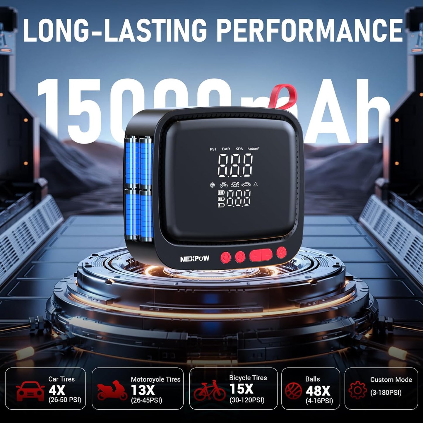 NEXPOW Tire Inflator Portable Air Compressor, 180 PSI Cordless Air Pump for Car Tires with Dual Digital Pressure Gauge & Auto Shut-Off, Portable Tire Pump for Car, Motorcycle, Bicycle, Ball and More