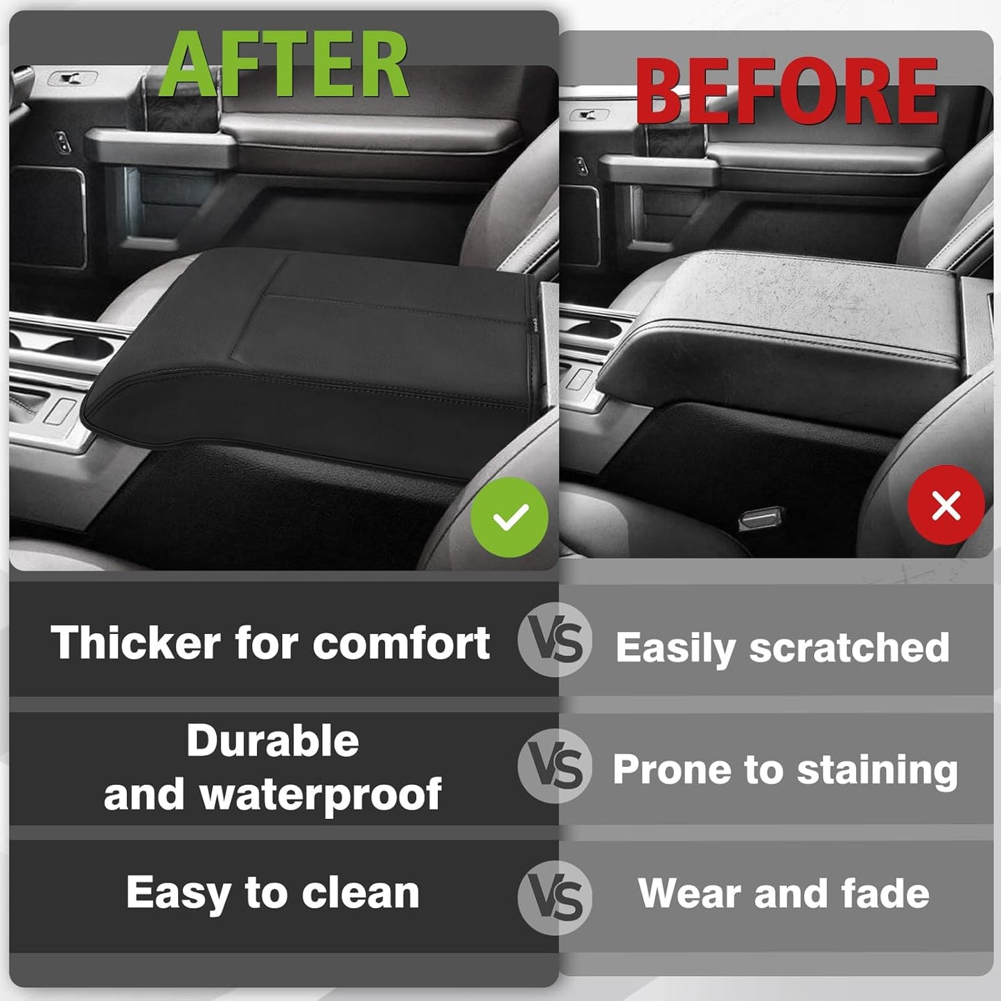 Muslogy Center Console Armrest Cover Compatible with Ford F250 F350 F450 2017-2022 Super Duty Comfort Armrest Pad Arm Rest Cushion Vegan Leather Protector Regular Thick(Bucket Seat ONLY)