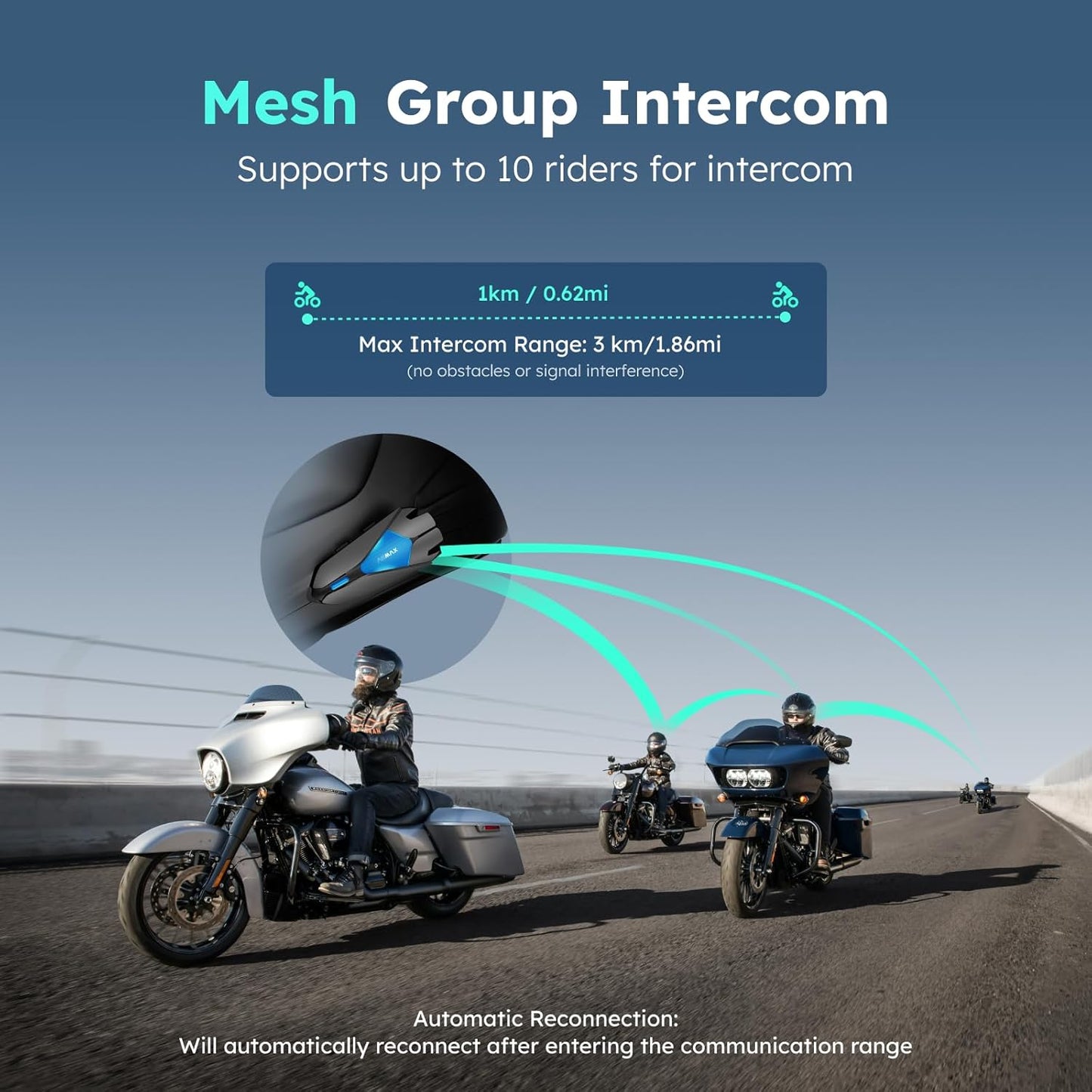Z1 Motorcycle Intercom - 3-Mode Communication for 10 Riders, Dual-Chip Audio Multitasking, Offline Voice & App Control, Bluetooth Helmet Headset with HiFi Speakers