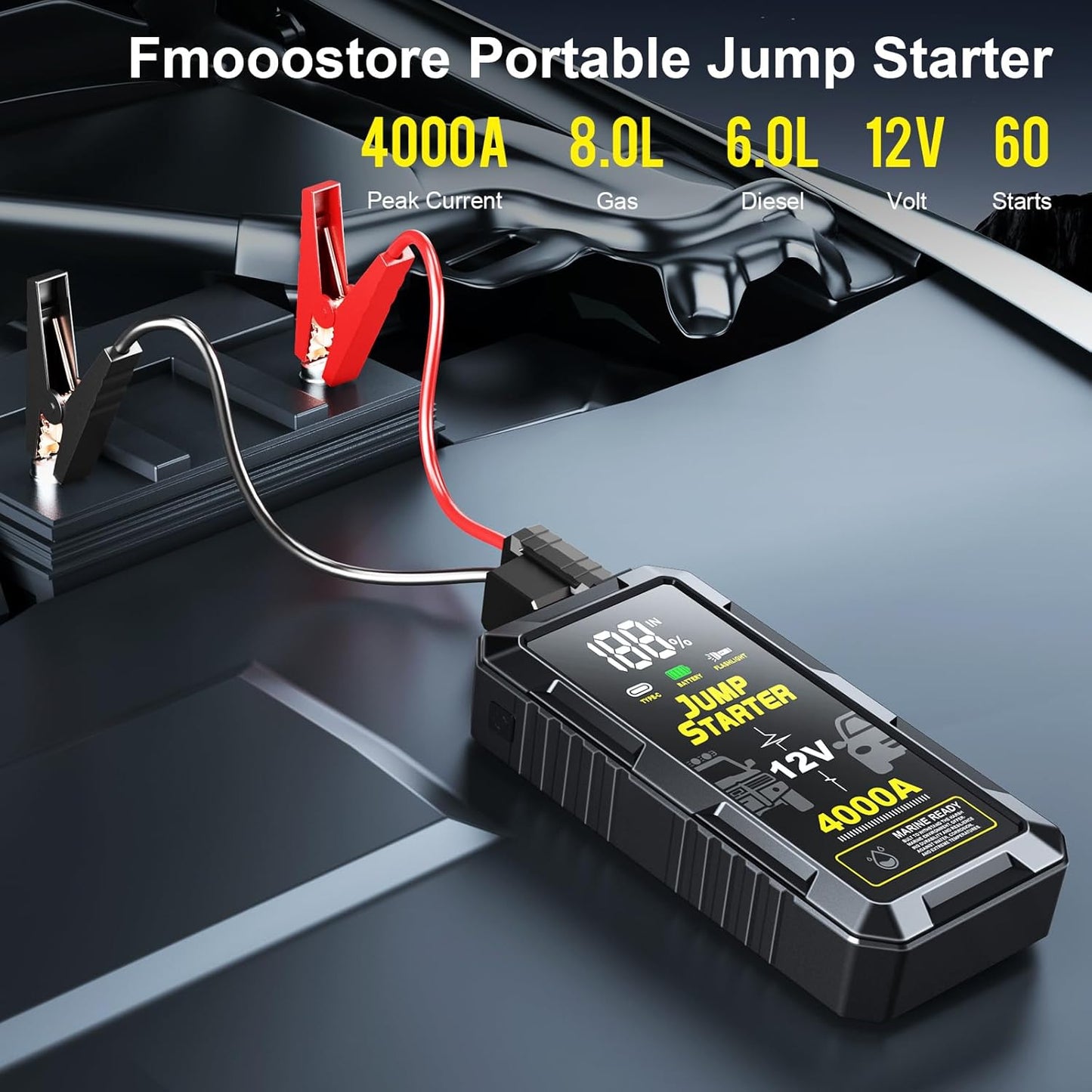 Car Battery Jump Starter with 4000A Peak Smart Clip LCD Display and 3 Modes Flashlight for Up to All Gas and 10.0L Diesel Engine 12V Auto Battery Booster Jumper Cables Portable Lithium Jump Box