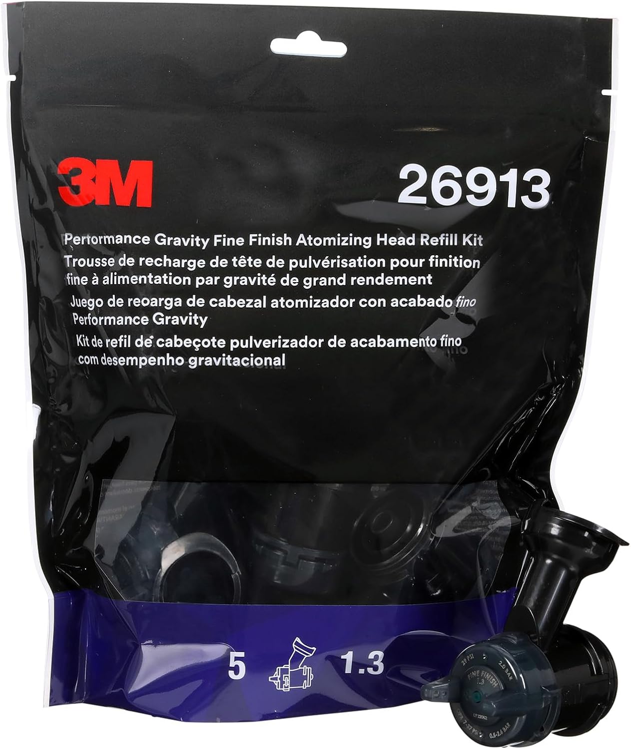 3M Performance Gravity Fine Finish (Compliant) Atomizing Head 26913, Green, 1.3, Pack of 5, for Automotive Paint Application, High Viscosity, Clear Coat, Primer Spraying