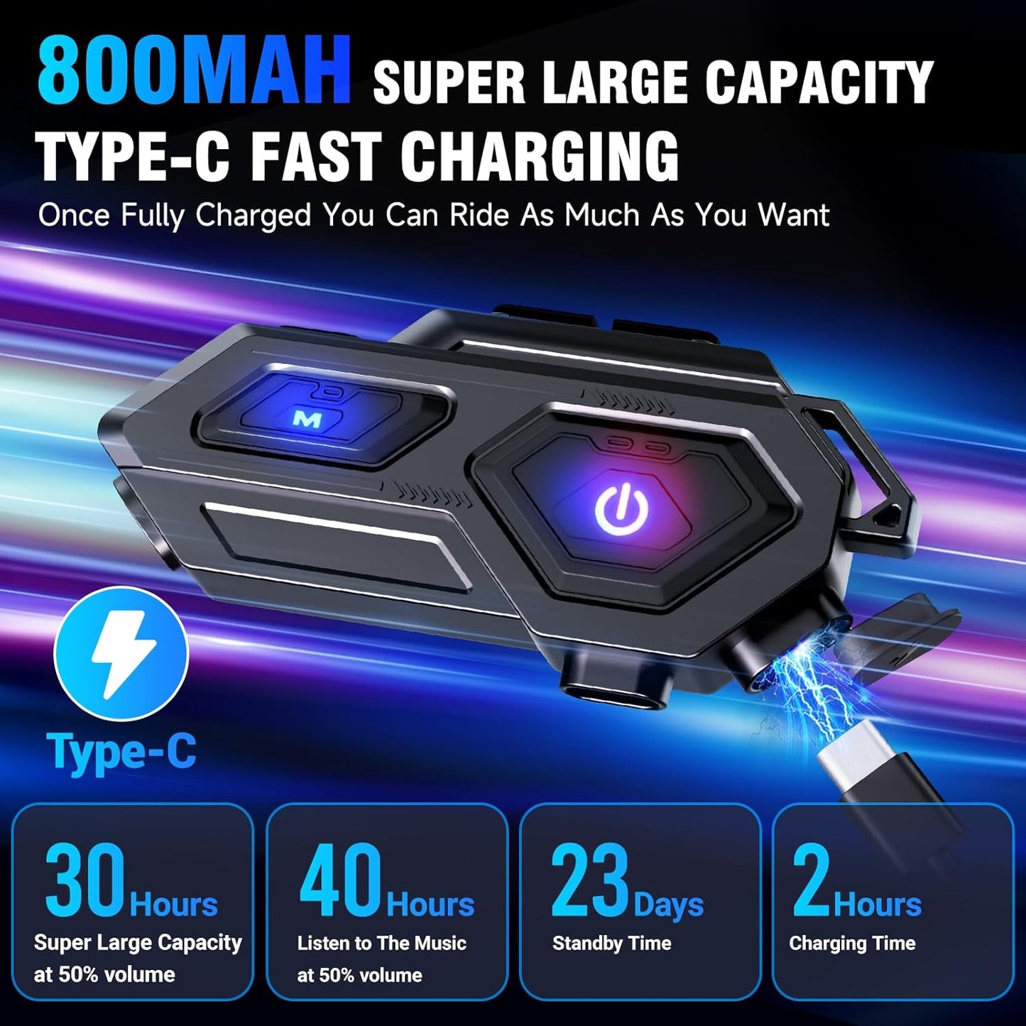 Motorcycle Bluetooth Headset, C8 Helmet Bluetooth Headset with 2 Type Mics, Hands-Free Call/Music/IPX6/Noise Cancellation/Wake Up Siri/Can Connect Two Mobile Phones, Motorcycle Helmet Speakers