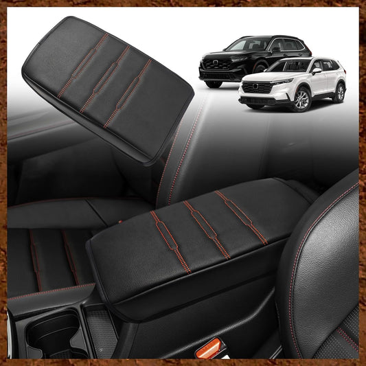 Muslogy Center Console Cover Compatible with 2023+ 2025 2026 Honda CR-V Accessories CRV Hybrid LX EX EX-L Sport Touring Armrest Cover Lid Cushion Protector Vegan Leather Extra Soft(Black/Orange Trim)