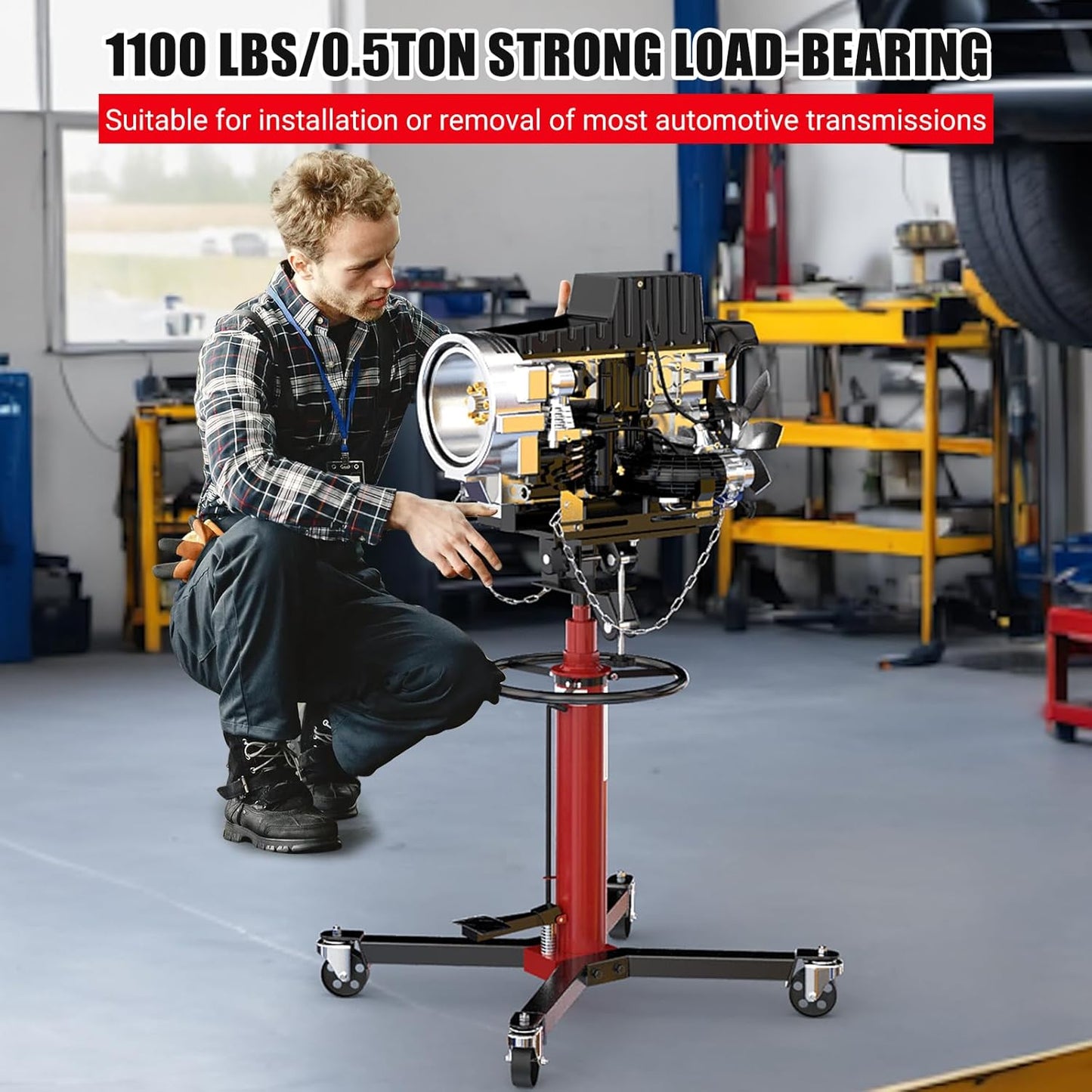 Transmission Jack, 1100lbs Hydraulic Telescoping Transmission Jacks, 33.5"-67" High Lift, 2-Stage Transmission Jack Stand 1/2 Ton Capacity with Foot Pedal, 360° Swivel Wheel