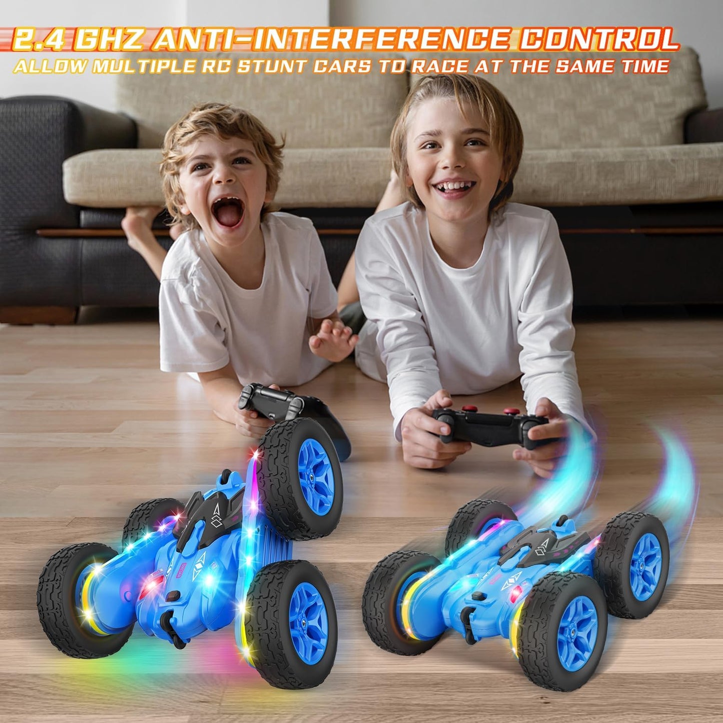 Remote Control Car, Rc Cars Stunt Kids Toys New Upgraded Strip Lights and Headlights Double-Sided 360° Rotating 4WD Drift Truck for Boys Girls Birthday Gift (Blue)
