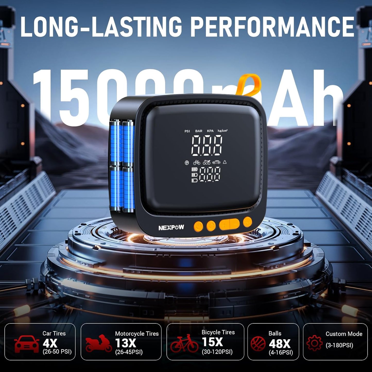 NEXPOW Tire Inflator Portable Air Compressor, 180 PSI Cordless Air Pump for Car Tires with Digital Pressure Gauge & Auto Shut-Off, Air Compressor Portable for Car, Motorcycle, Bicycle, Ball, Orange