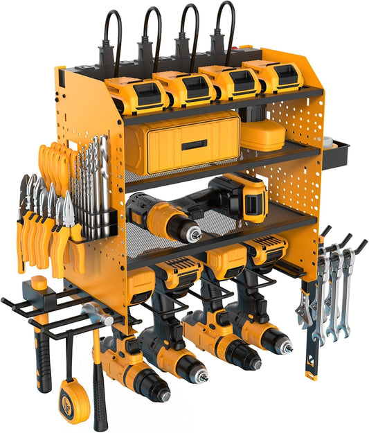 Heavy Duty Power Tool Organizer Wall Mount with Charging Station, 4 Layer Garage Storage Adjustable Shelves Height, Holds 4 Drills, 2 Hooks, Screw & Screwdriver box, Gifts for Fathers Day, Anniversary