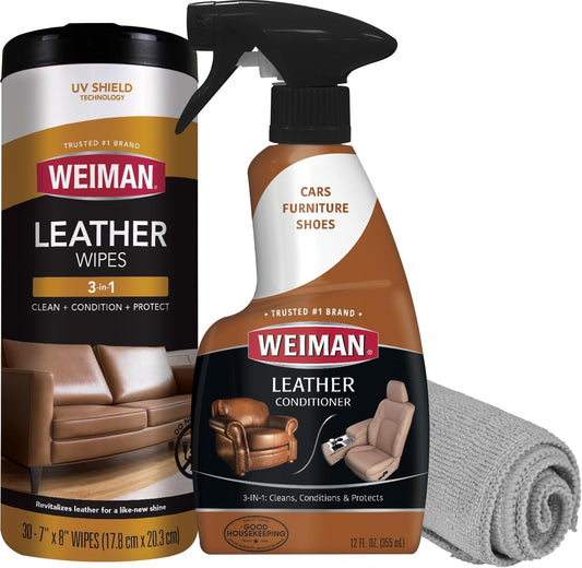 Weiman Leather Cleaner & Conditioner Care Kit | Restores Leather Surfaces | Ultra Violet Protectants Help Prevent Cracking or Fading of Leather Furniture, Car Seats, Shoes