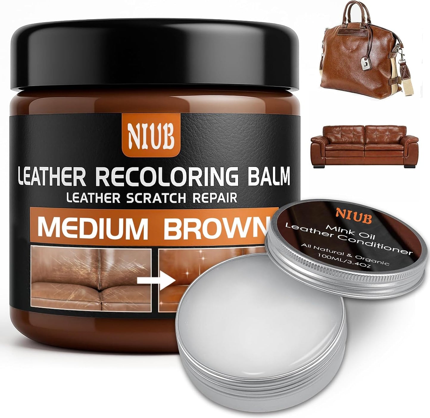 Leather Recoloring Balm Leather Color Restorer Scratch Repair Leather Paint for Furniture Couches Car Seats Shoes Bags Leather Dye and Scratched Leather with Leather Conditioner - Medium Brown