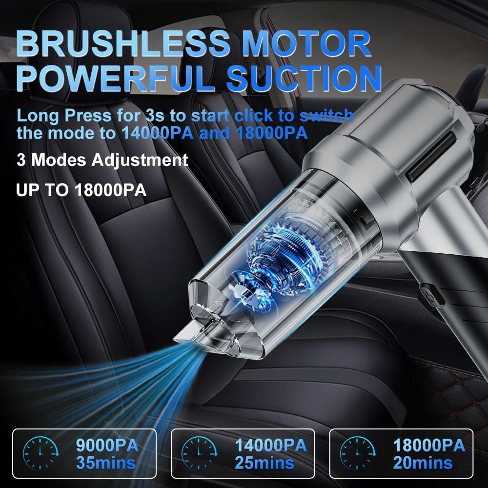 Handheld Foldable Car Vacuum, 4-in-1 18000PA Mini Vacuum Cleaner Portable Cordless, Air Blower, High Power Air Duster with Brushless Motor, for Car, Home, Office, Camping (Black)