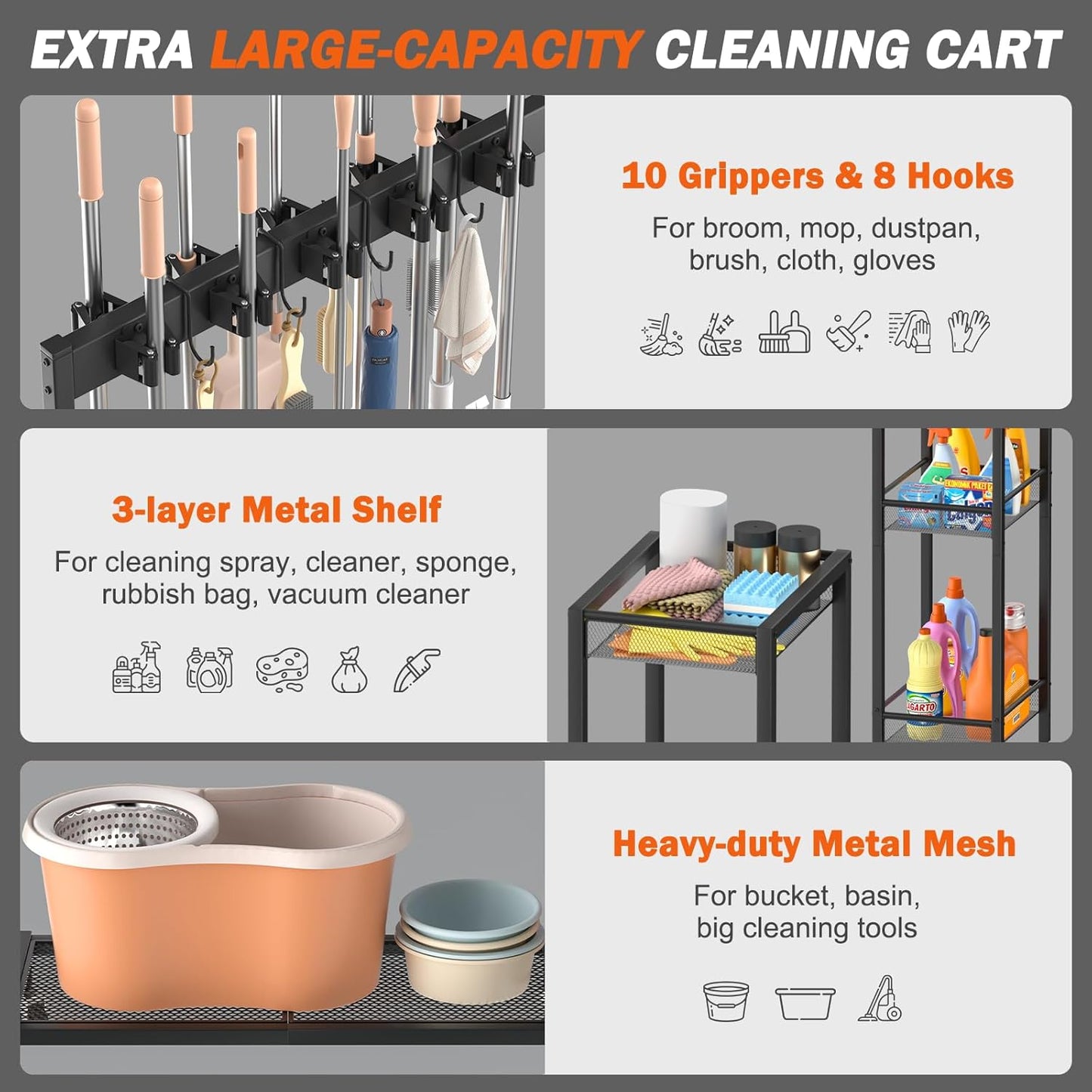 Broom Holder with Cleaning Supplies Organizer, Broom Closet Storage Cabinet with Cleaning Caddy, Cleaning Cart with Mop Hanger Gripper Rack Hooks,Janitorial Housekeeping cart,Laundry Room Organization