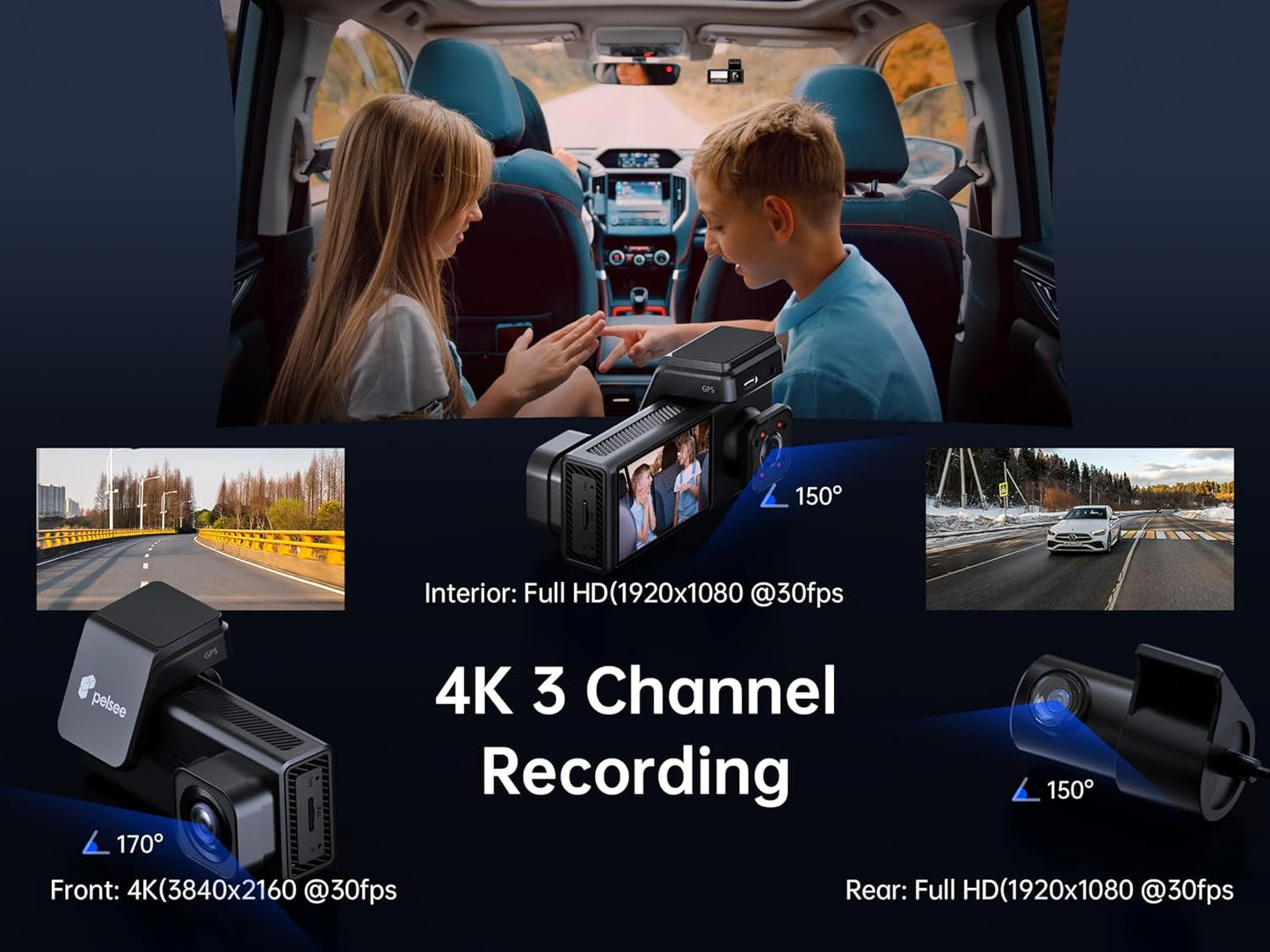 Pelsee P2 Trio 4K Dash Cam Front and Rear Inside WiFi, 64GB Card, 4K+1080P+1080P Dashcam,3 Channel Dash Camera for Cars Smart Driving Assistant ADAS/BSD/DMS,Night Vision/24H Parking Mode/G-Sensor