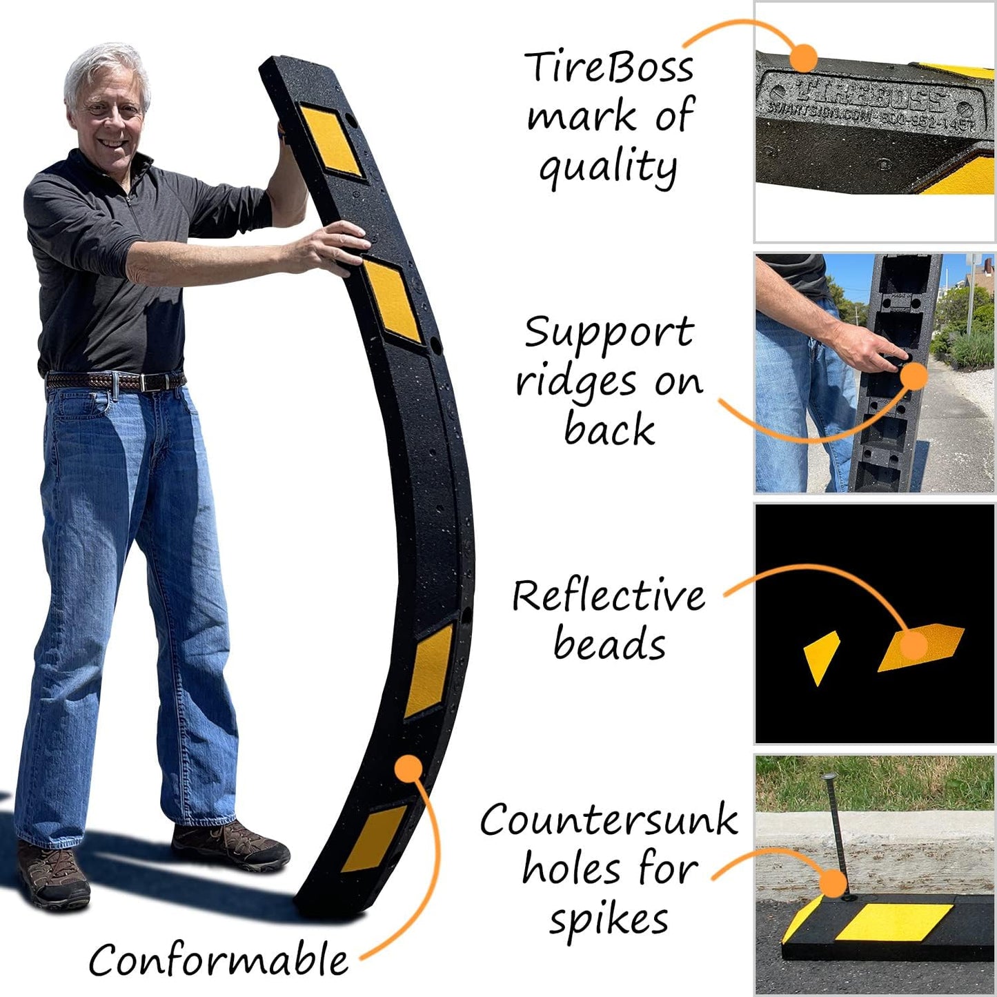 SmartSign Rubber Parking Curb - Heavy Duty Parking Stop with Yellow Reflective Stripe Chevrons, 72" Long (6ft), Wheel Stop for Parking Lot/Garage/Cars/Trucks, Pre-Drilled Holes, Pack of 1, USA-Made