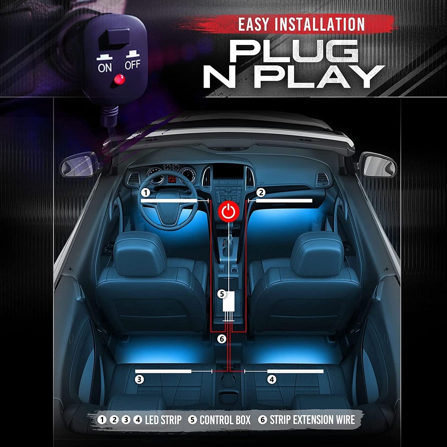 OPT7 Aura Interior Car Lights 6pc with Remote Control, Color Change, Music Sync Inside Ambient Lighting Kit, Car Truck LED Lights Under Dash Accessories, Charger Adapter 12V, 6pc Single Row LED Strip