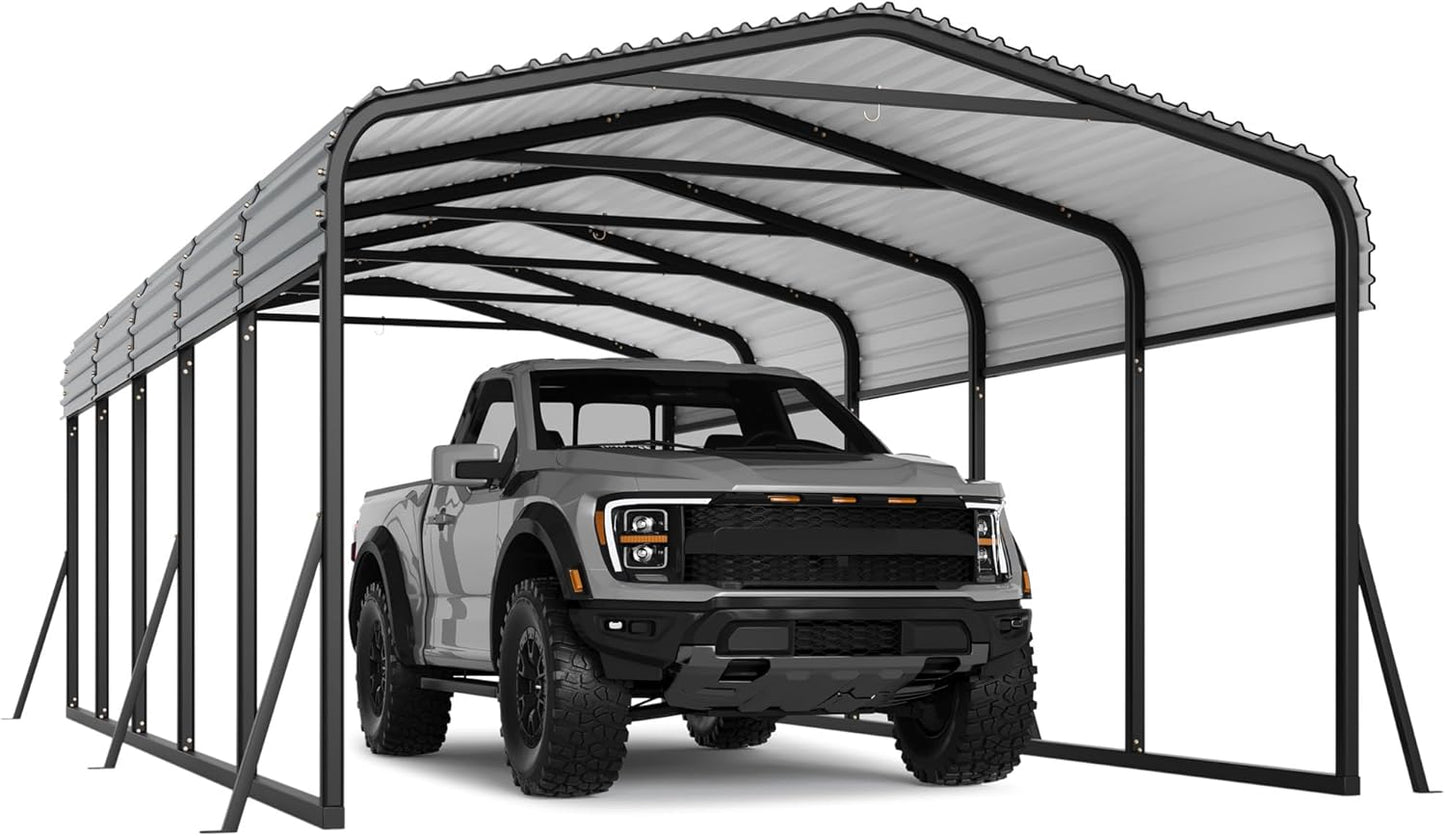12x24FT Metal Carport Kits with Galvanized Steel Roof, Heavy Duty Metal Roof Carport with Enhanced Base, Tall MetalCarport Kits Garage for Tractors, Pickup, Boat, Car