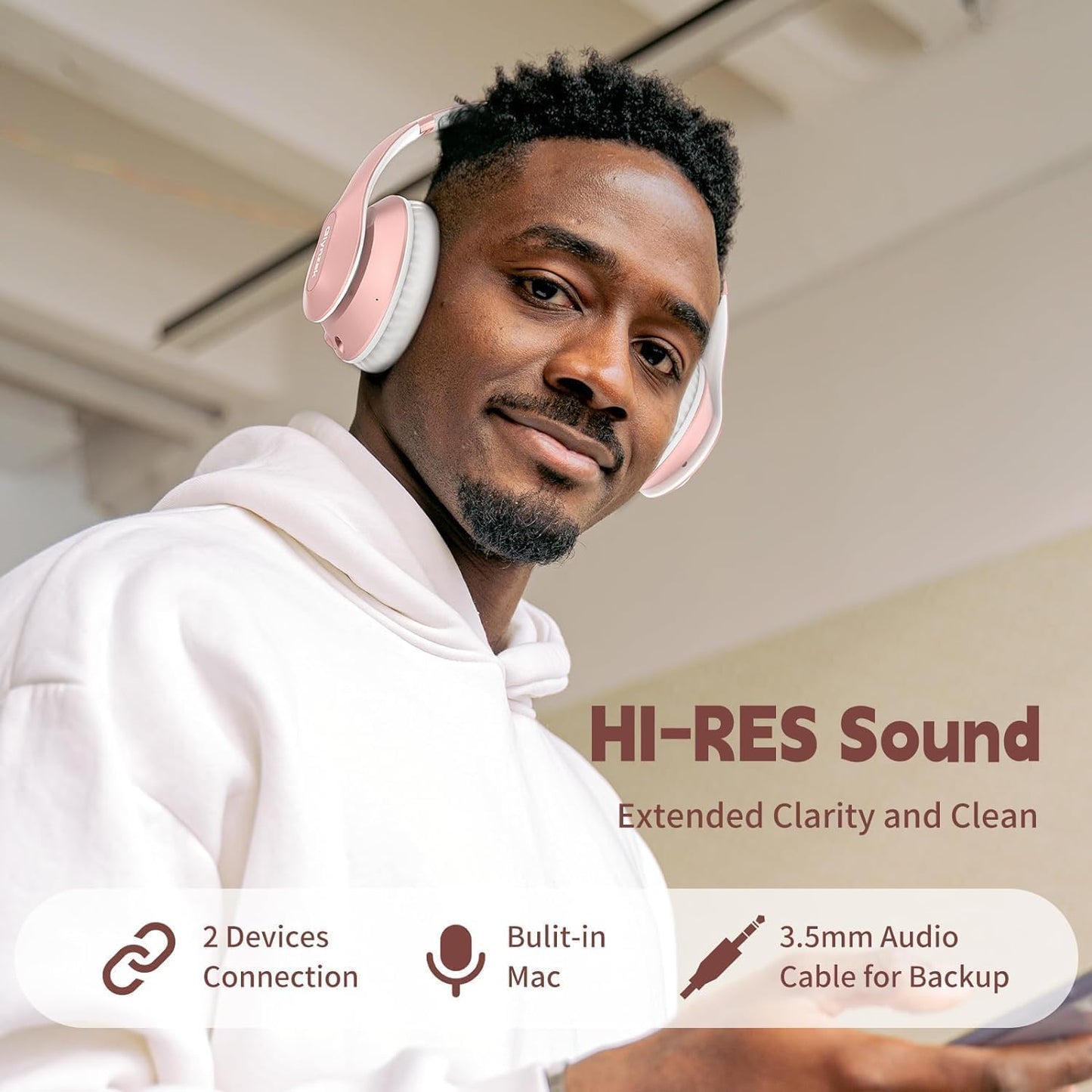 Wireless Bluetooth Headphones Over Ear 65H Playtime HiFi Stereo Headset with Microphone and 6EQ Modes Foldable Bluetooth V5.3 Headphones for Travel Smartphone Computer Laptop Rose Gold