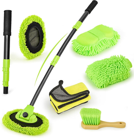 Car Wash Brush with Long Handle - 15° Curved Extendable Car Wash Mop,Soft Car Washing Brushes with Extra Microfiber Mop Head for Truck SUV Cleaning Not Hurt Paint Scratch Free