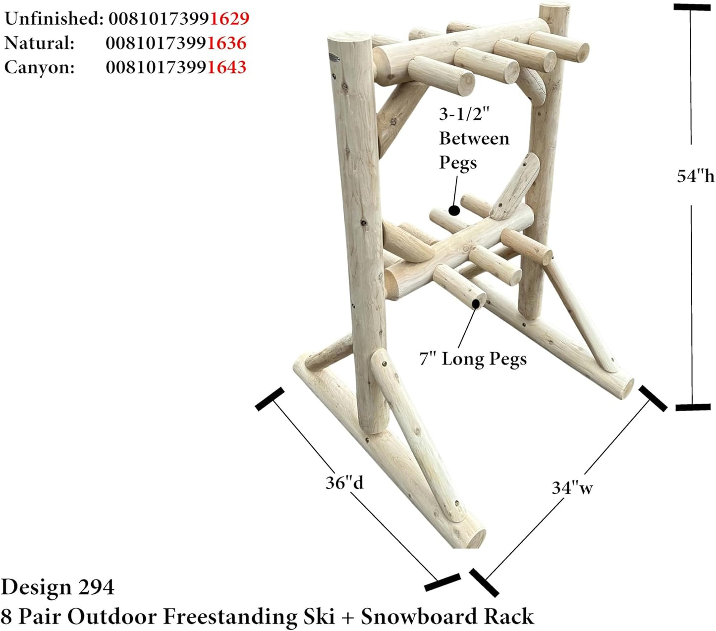 8-Place Freestanding Log Ski Rack Holder, Indoor & Outdoor Snowboard Racks, Standing Storage, Garage Racks for Snow Skis, Durable Snowboard Rack Garage Storage Organizer - Unfinished + 15" Anchor Kit