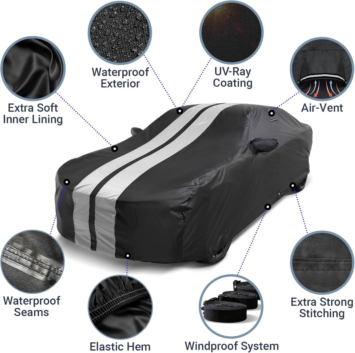 iCarCover Custom Car Cover for Chevy Impala (2000-2020) Waterproof All Weather Rain Snow UV Sun Protector Full Exterior Indoor Outdoor Car Cover (Stripe - Black/Gray)